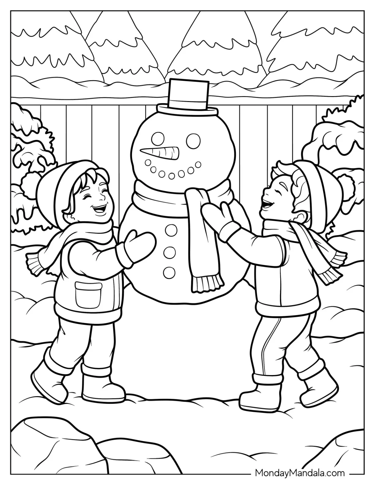 Two Kids Building a Snowman Coloring Page in the Backyard coloring page — printable line art