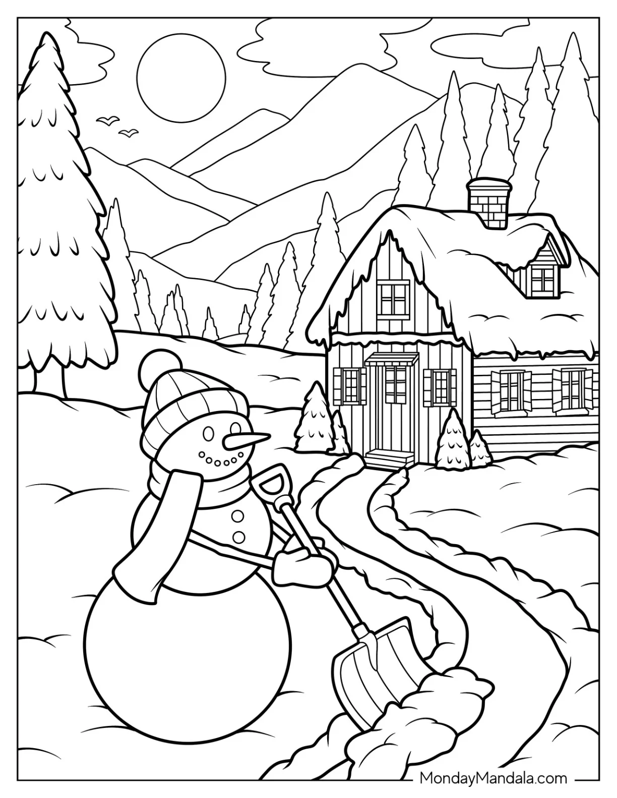 Winter Landscape With Snowman Coloring Page Clearing the Walkway coloring page