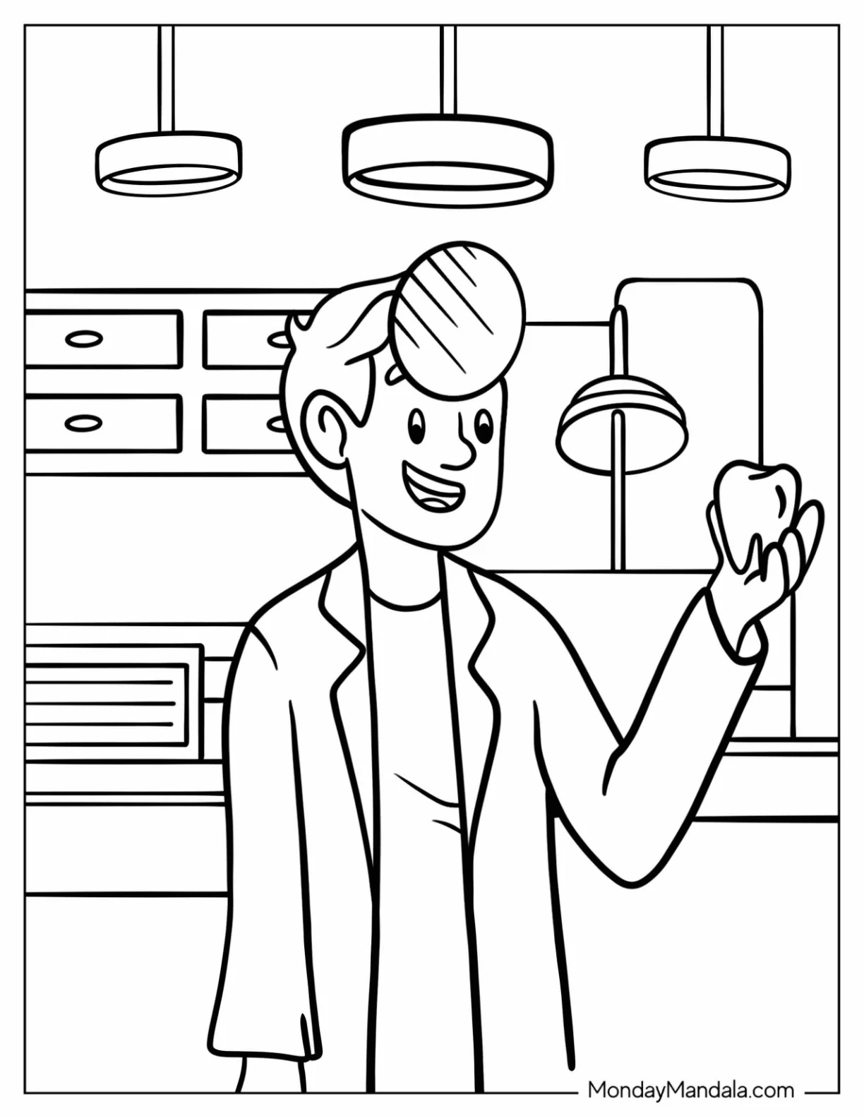 Cartoon Dentist Coloring Page Of Holding A Tooth For Kids coloring page