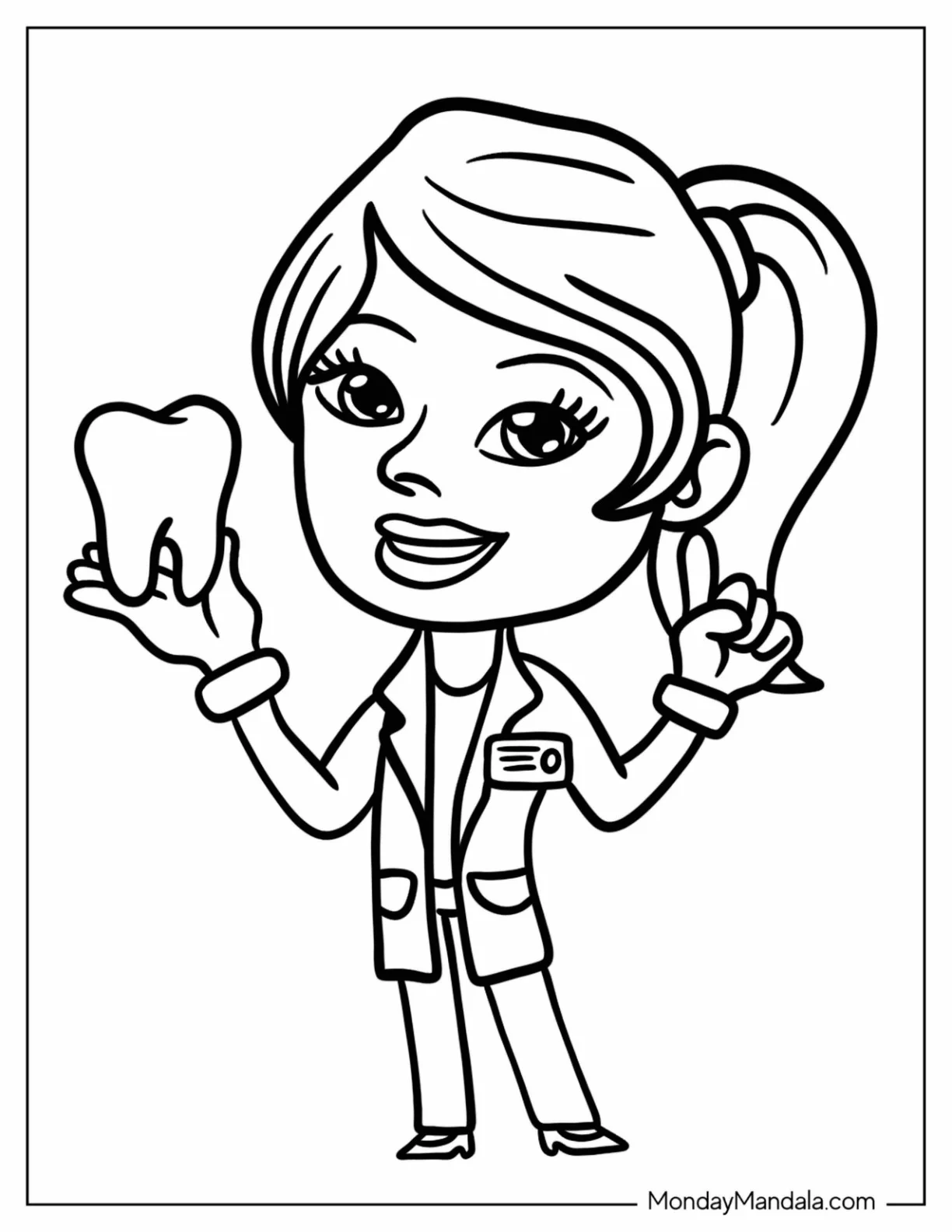 Chibi Female Dentist Coloring Page Of Holding Up A Tooth For Preschoolers coloring page