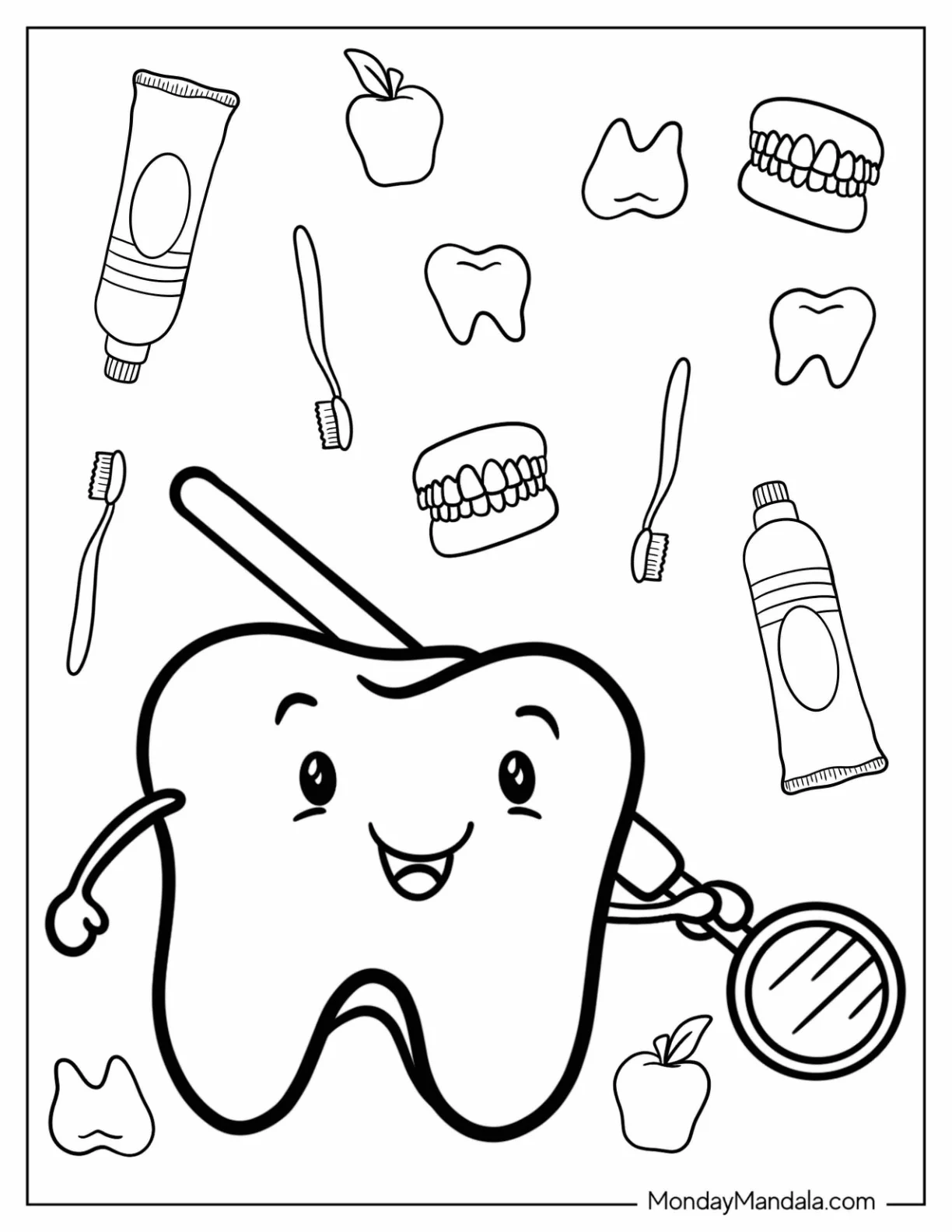 Dentist Coloring Page Of Cute Little Tooth Holding A Mouth Mirror coloring page