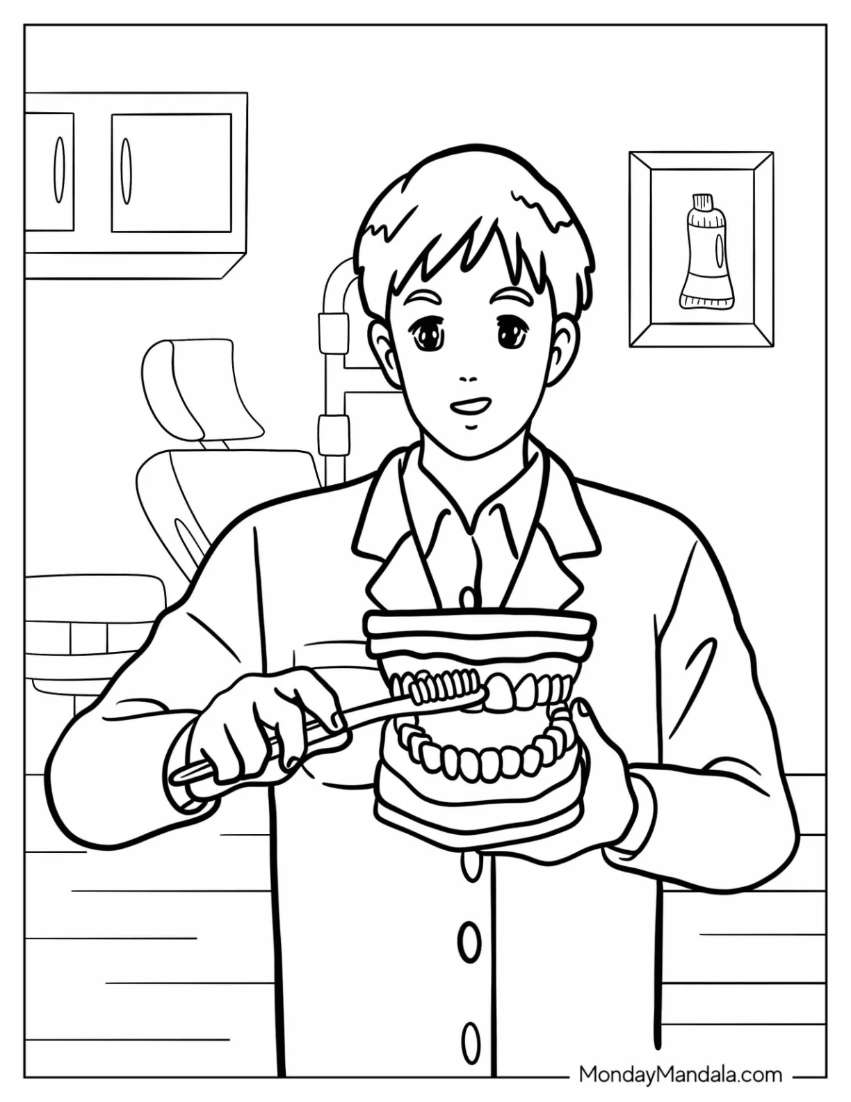 Dentist Coloring Page Of Demonstrating Proper Teeth Brushing coloring page