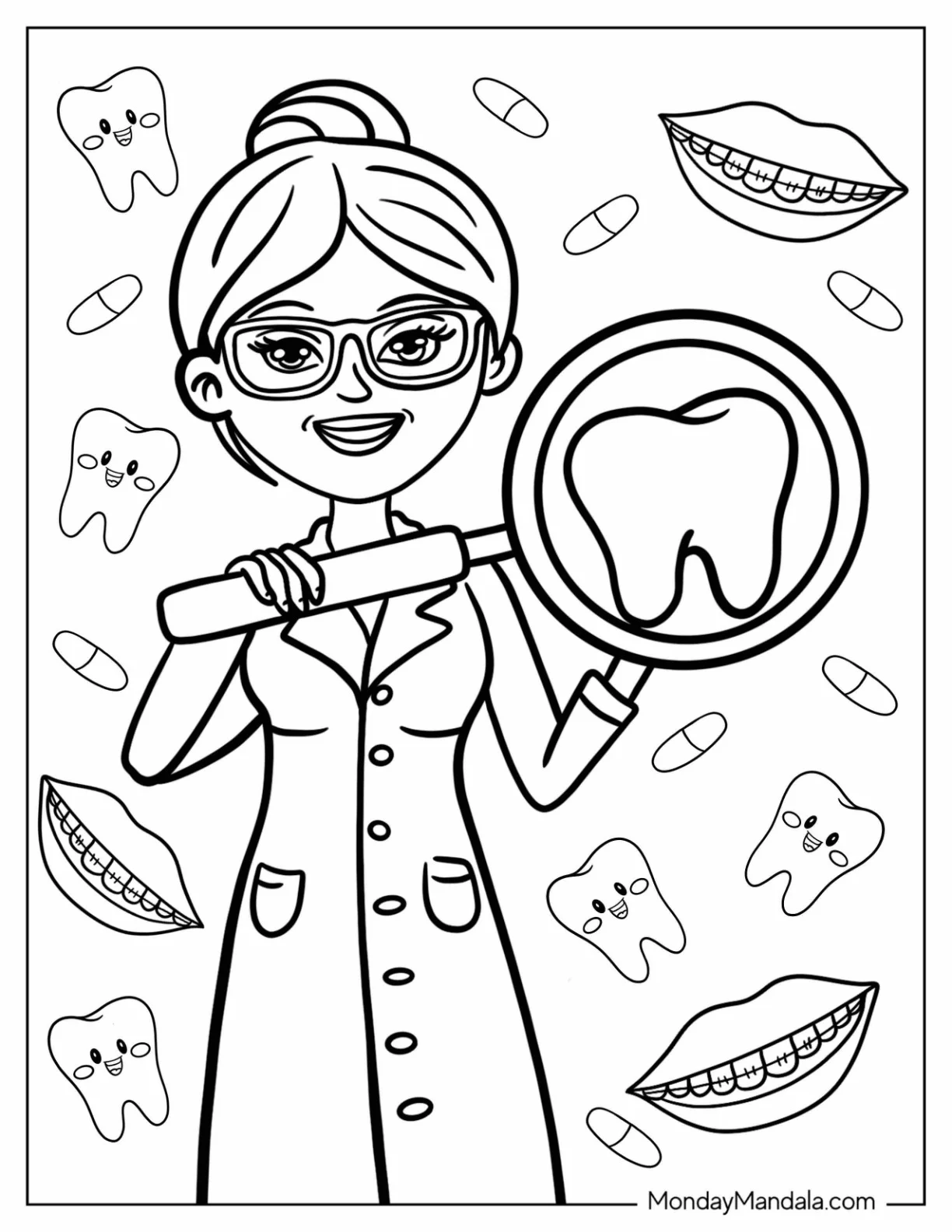 Dentist Coloring Page Of Dentist In Glasses Pointing A Mouth Mirror At A Tooth coloring page