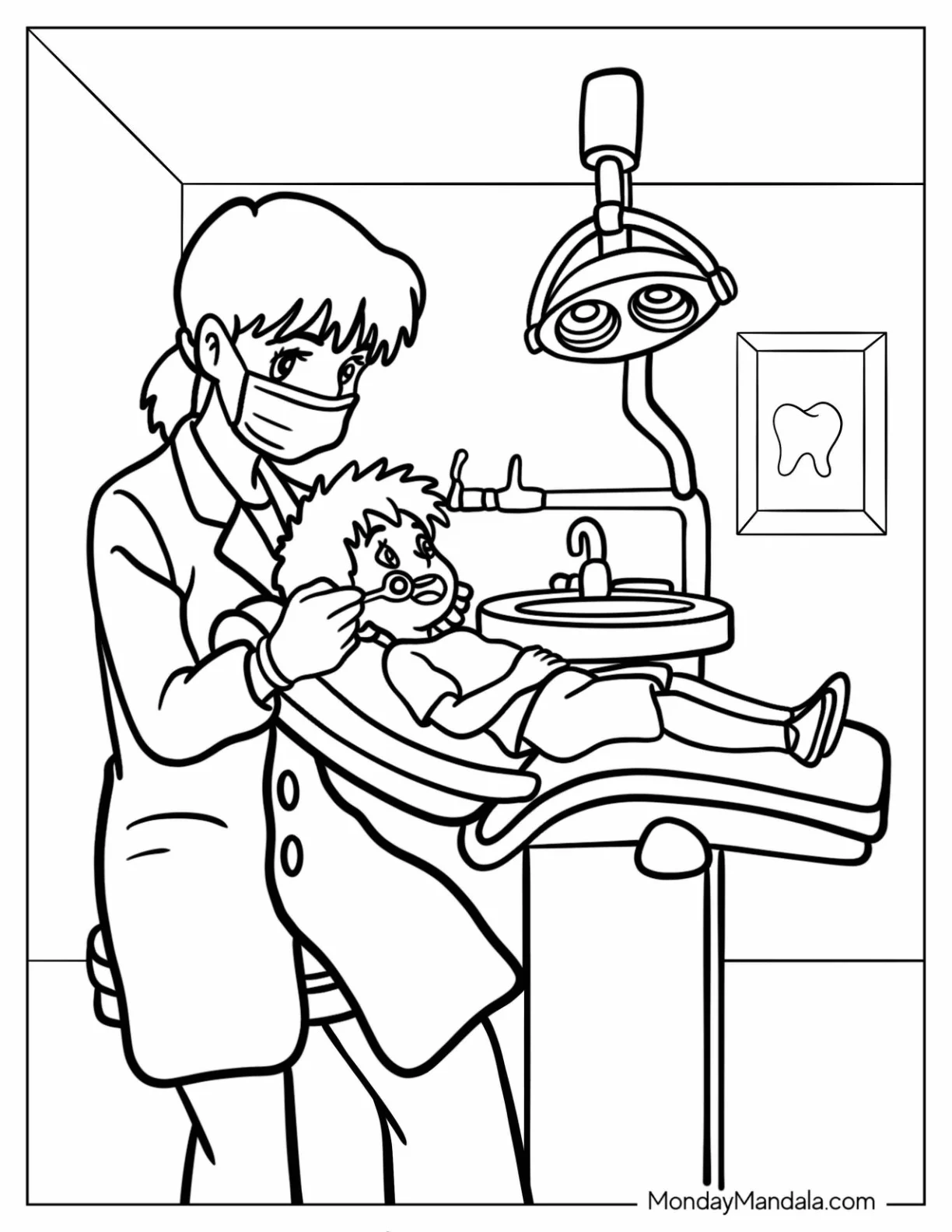 Dentist Coloring Page Of Female Dentist Treating A Little Boy coloring page