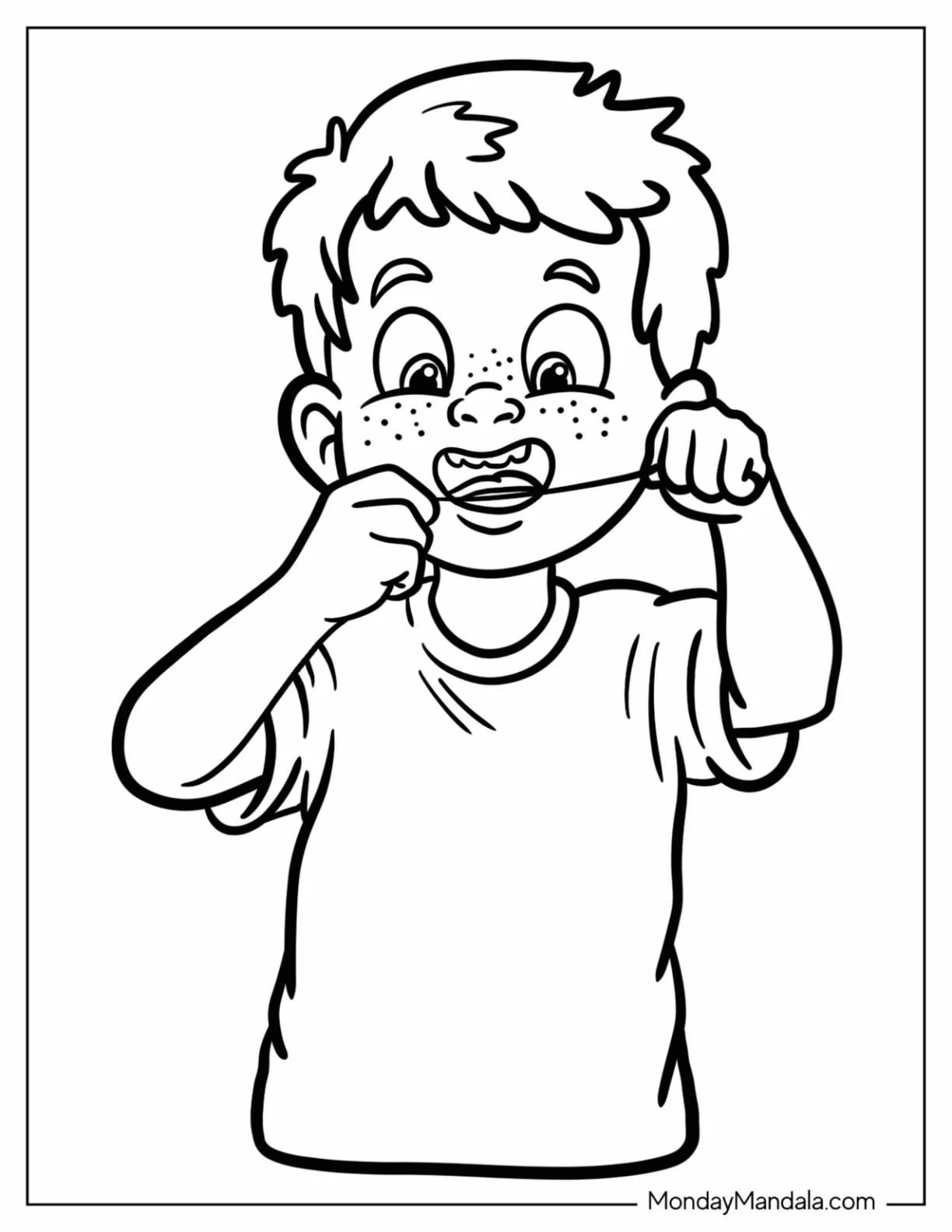 Dentist Coloring Page Of Freckled Little Boy Flossing coloring page