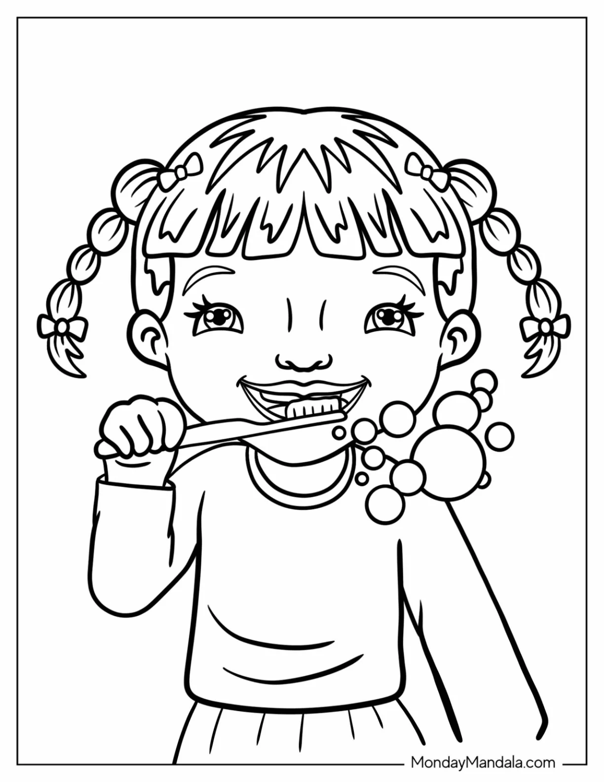 Dentist Coloring Page Of Girl In Braids Brushing Her Teeth coloring page