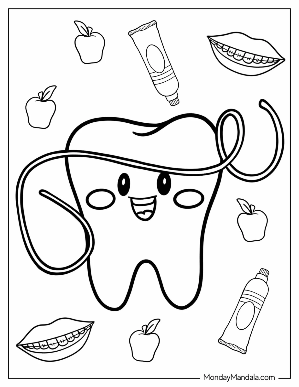 Dentist Coloring Page Of Grinning Tooth Surrounded By Floss, Toothpaste, Braces, And Apples coloring page