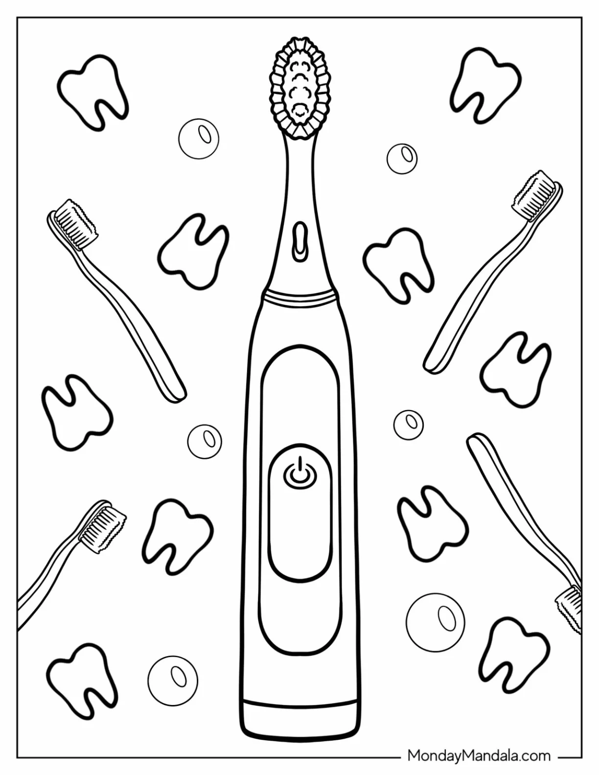 Dentist Coloring Page Of Realistic Electronic Toothbrush With Teeth In The Background coloring page