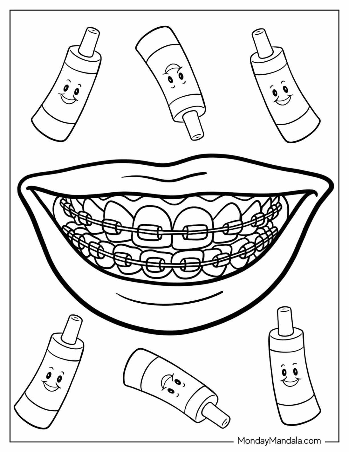 Dentist Coloring Page Of Smiling Mouth With Braces And Mini Toothpastes In The Background coloring page