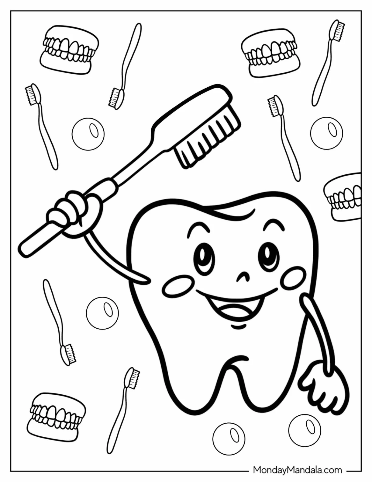 Dentist Coloring Page Of Smiling Tooth Holding Up A Toothbrush coloring page