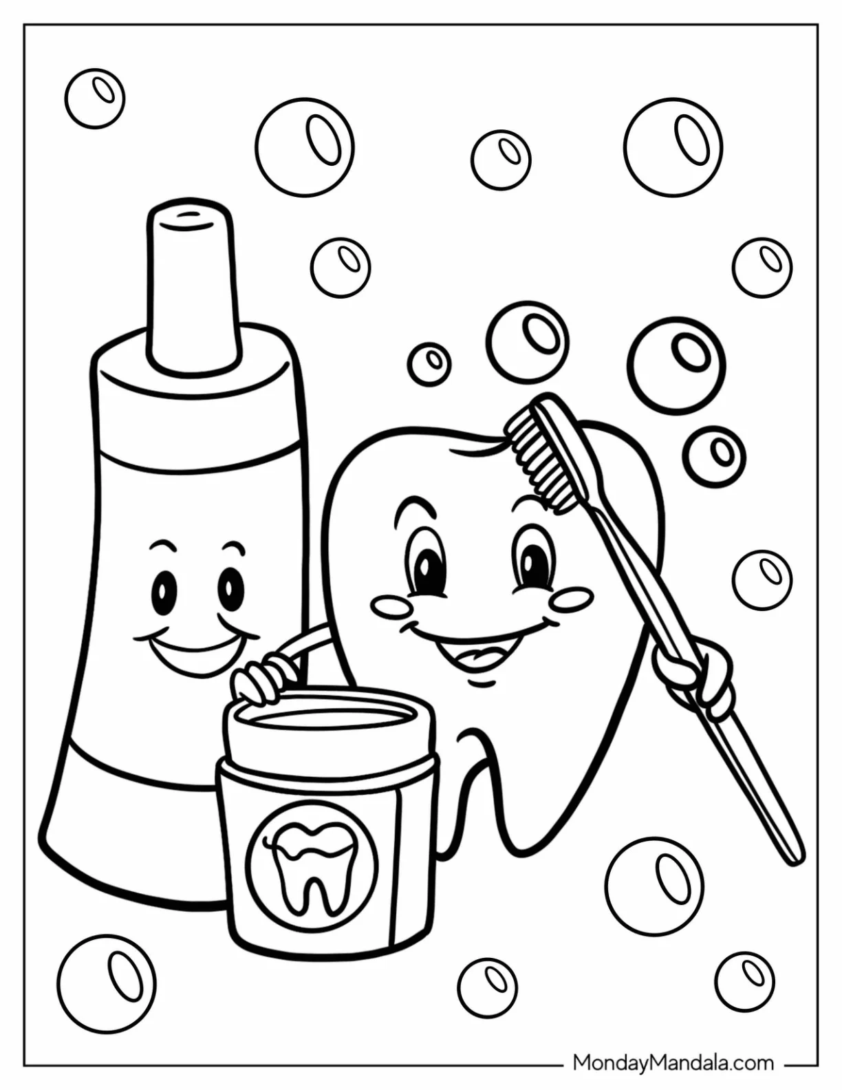 Dentist Coloring Page Of Smiling Toothpaste And Tooth Brushing Itself For Kids coloring page