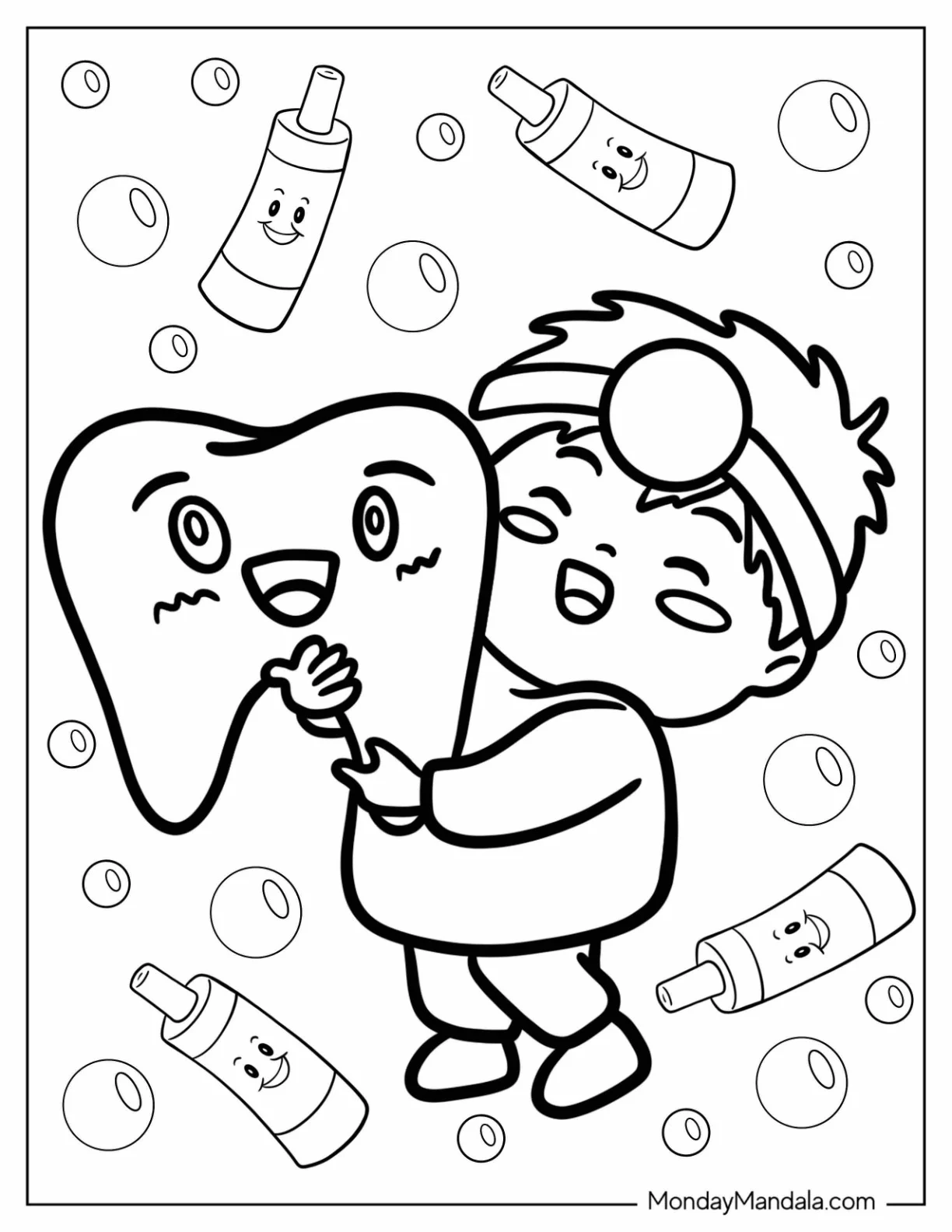 Kawaii Dentist Coloring Page Of Hugging a Tooth For Preschoolers coloring page