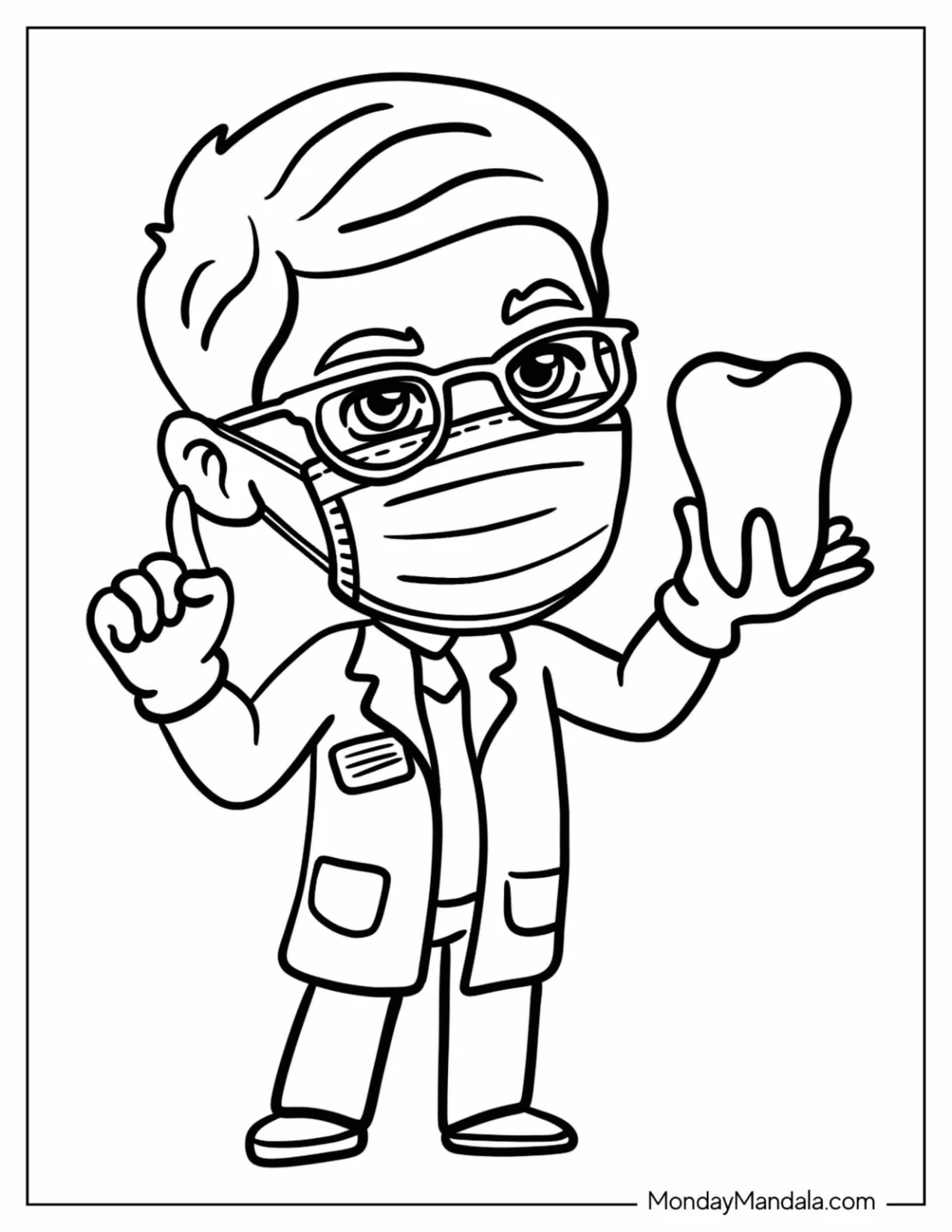 Male Dentist Coloring Page Wearing Facemask While Holding A Tooth coloring page