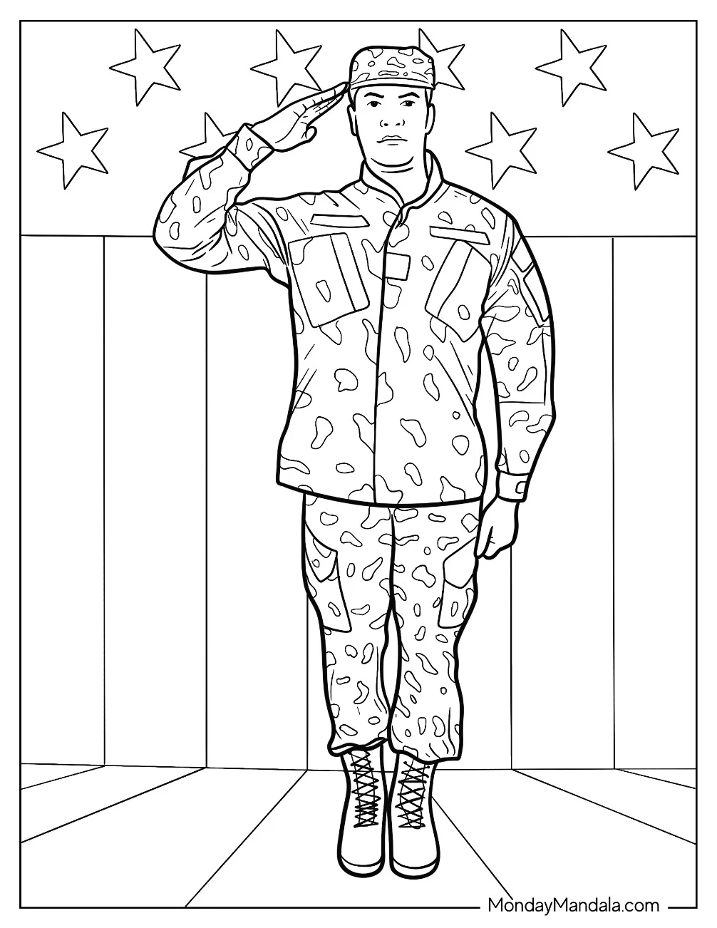 American Soldier Coloring Page Saluting With Stars In Background coloring page