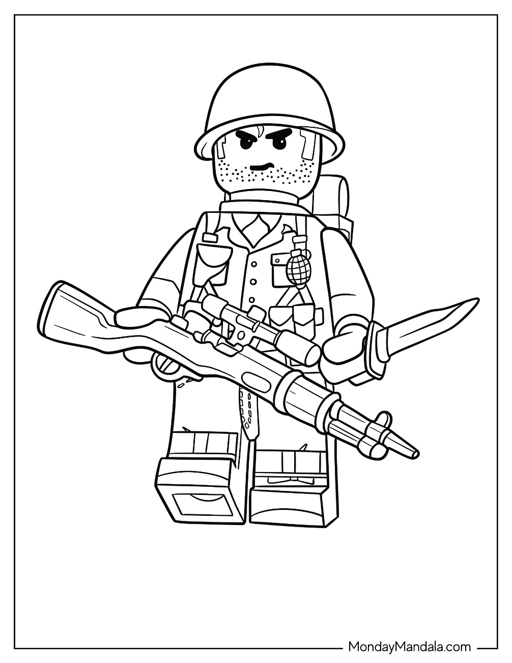 Angry Lego Soldier Coloring Page With Gun And Dagger coloring page