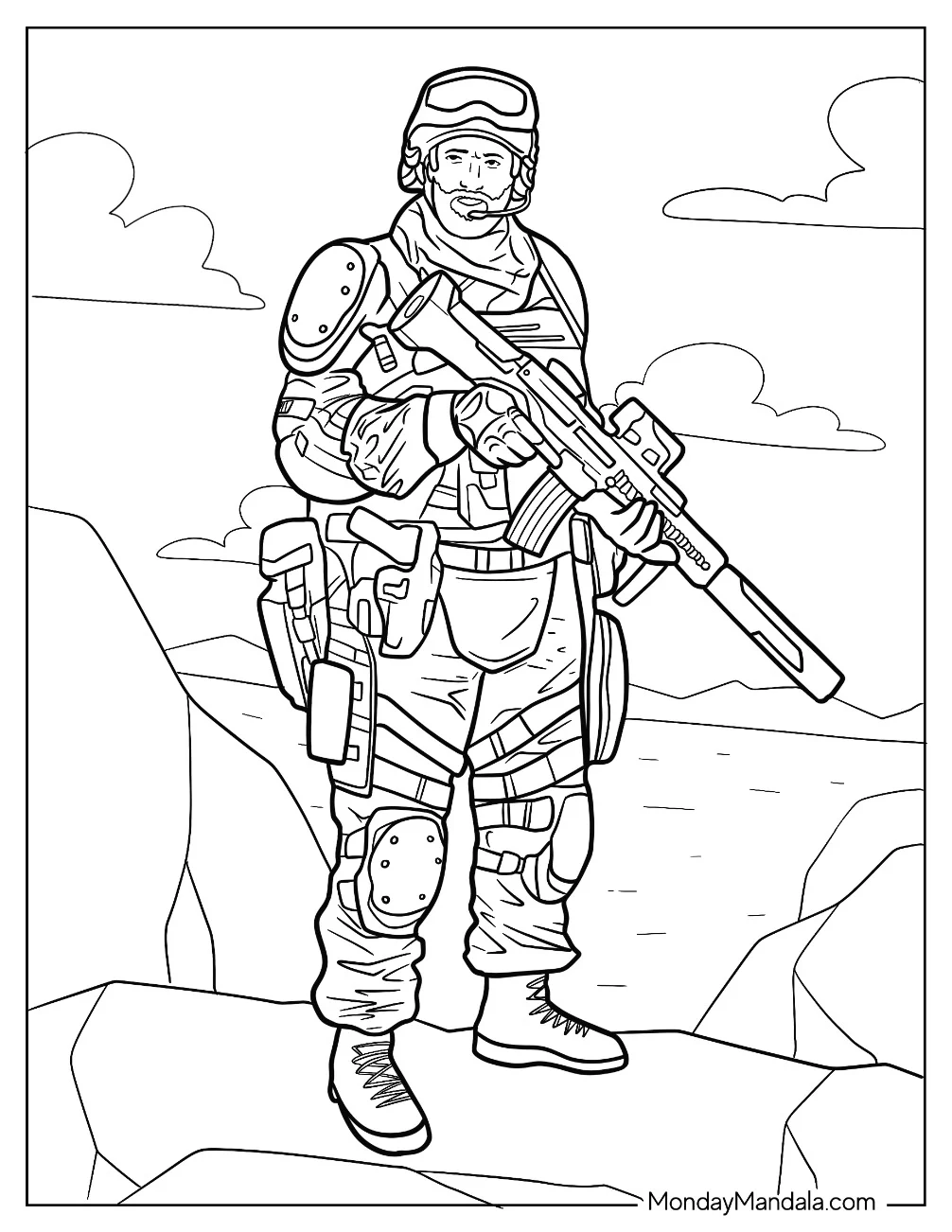 Armed Male Soldier Coloring Page Standing On Top Of Rocky Terrain coloring page