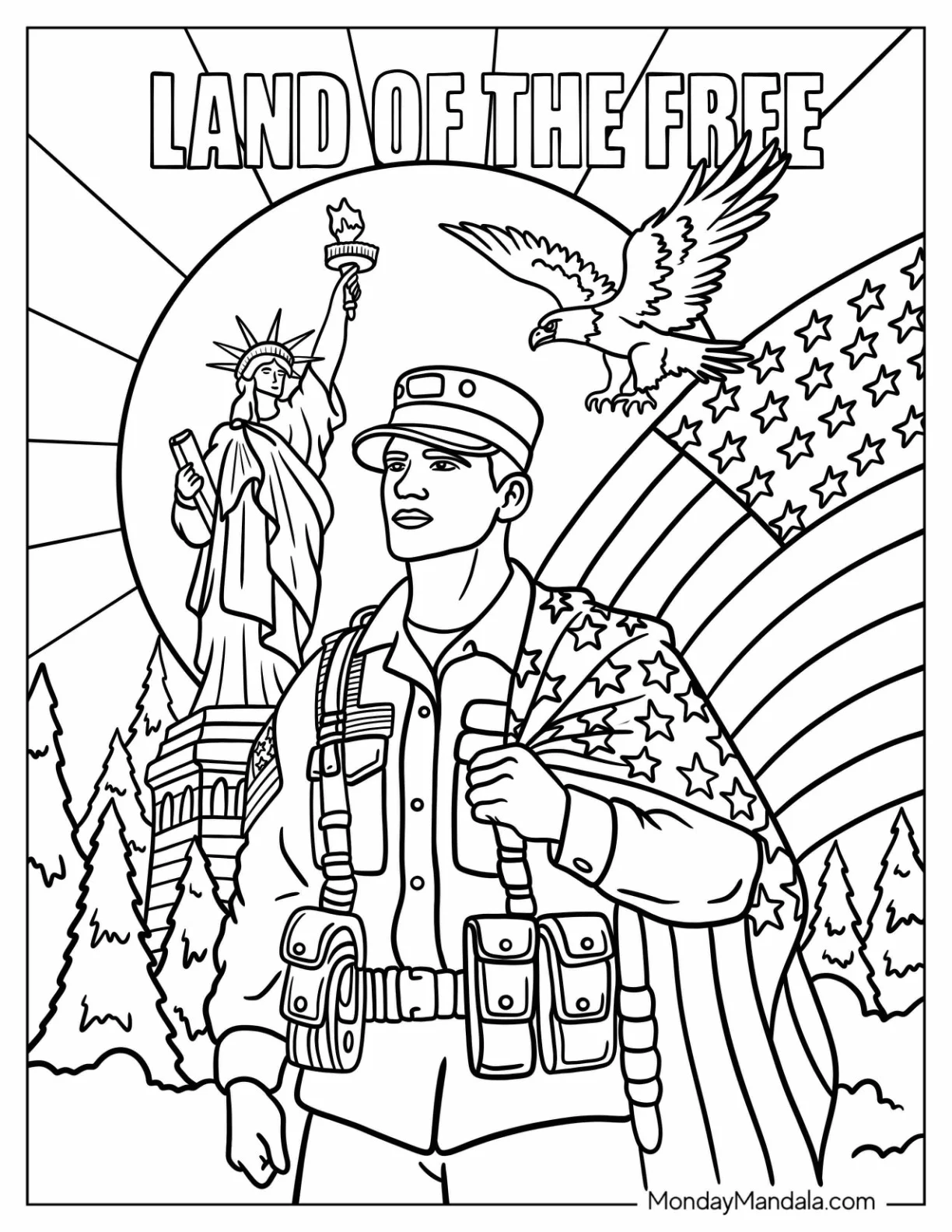 Brave Soldier Coloring Page Holding the American Flag with Eagle and Statue of Liberty in the Sky coloring page