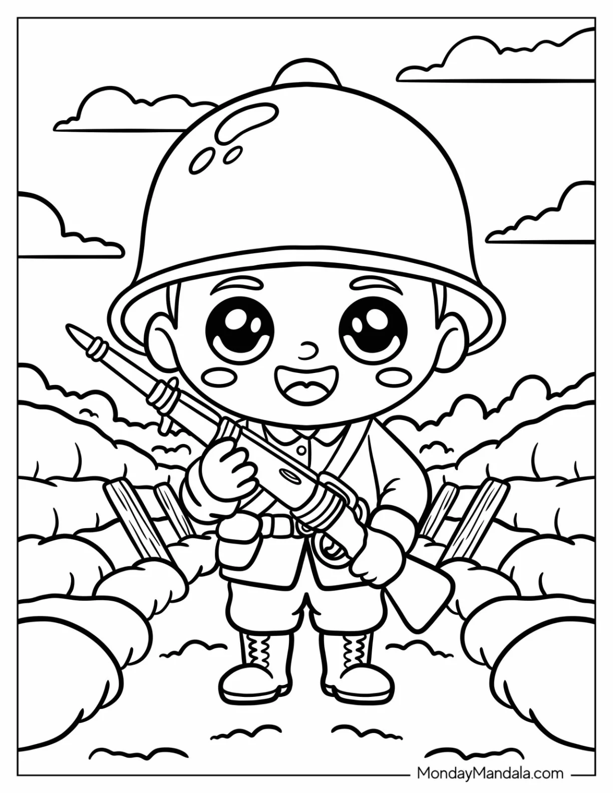 Cheerful Soldier Coloring Page in the Trenches for Preschoolers coloring page