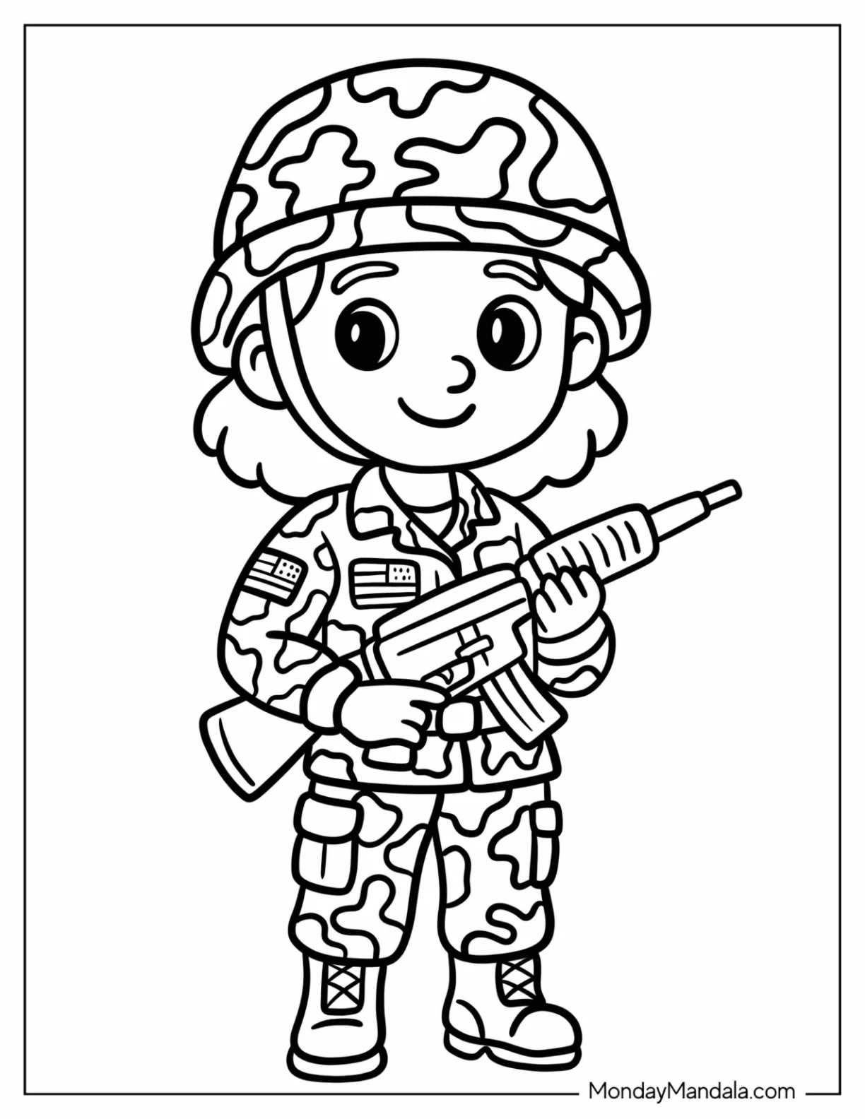 Chibi Female Soldier Coloring Page Holding a Gun for Kids coloring page
