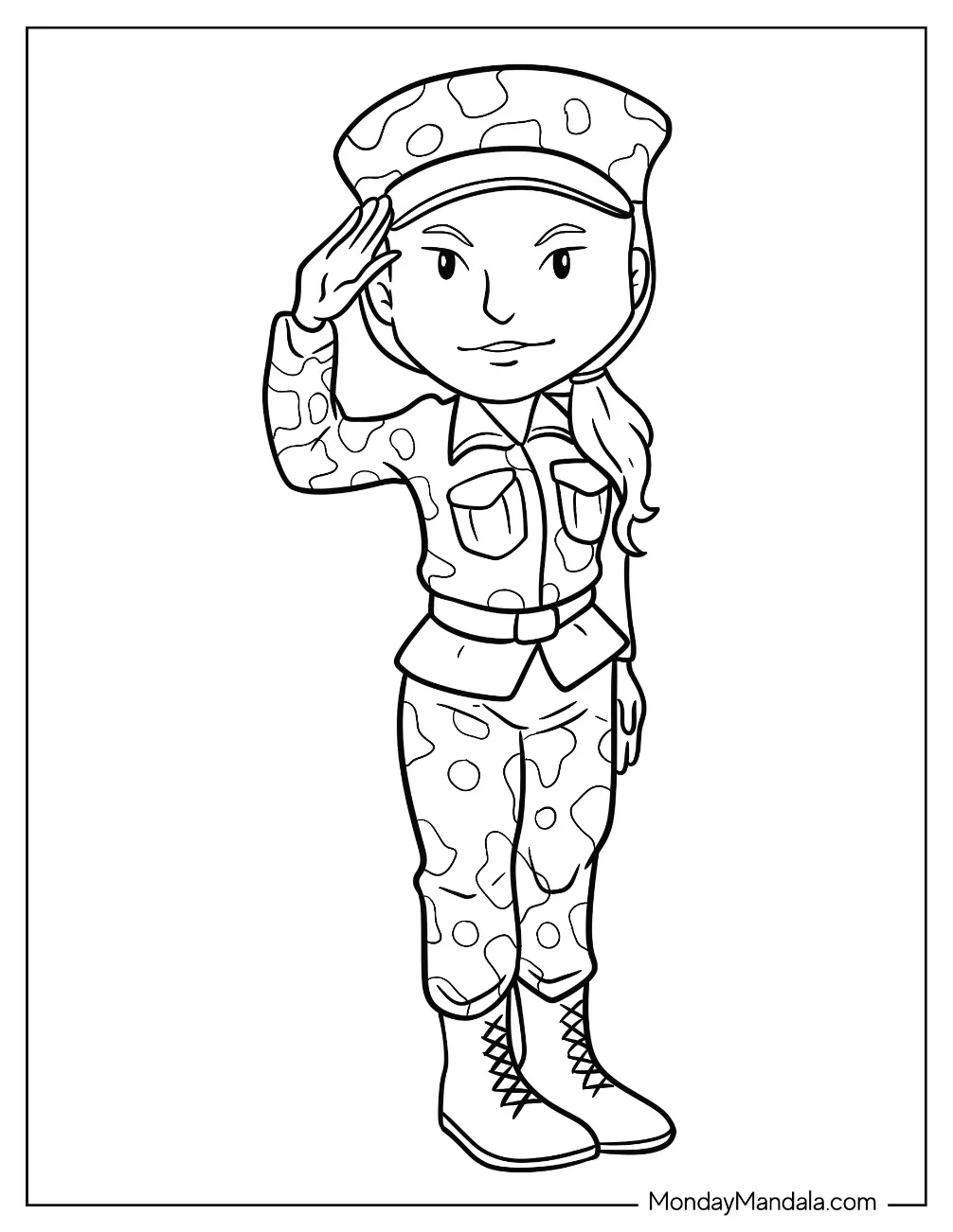 Chibi Female Soldier Coloring Page Saluting In Camouflage Uniform coloring page