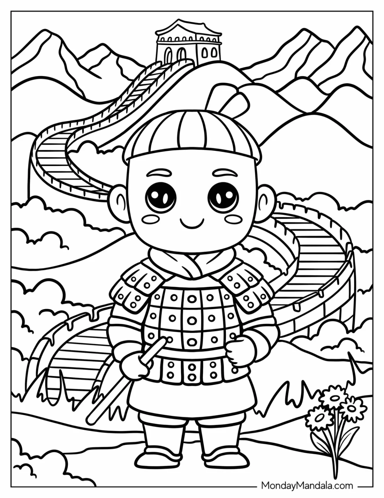 Chinese Soldier Coloring Page Guarding the Great Wall of China for Kids coloring page