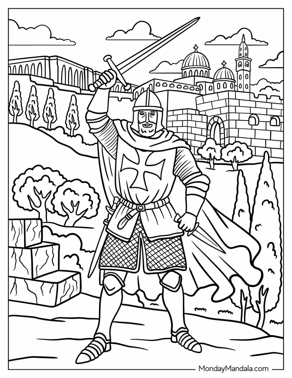 Crusader Soldier Coloring Page Raising His Sword coloring page
