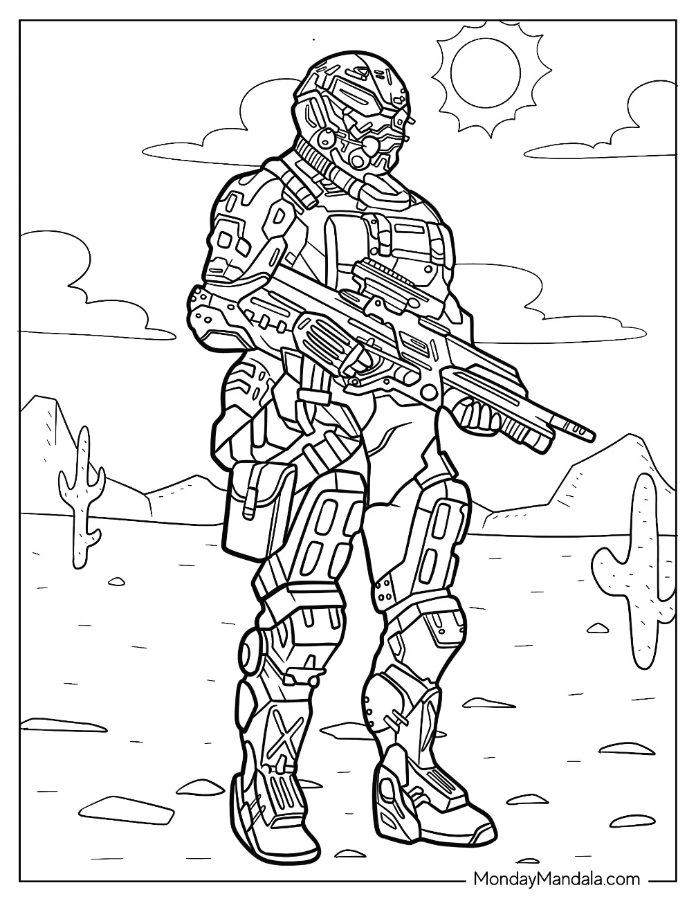 Detailed Futuristic Soldier Coloring Page Holding Weapon coloring page