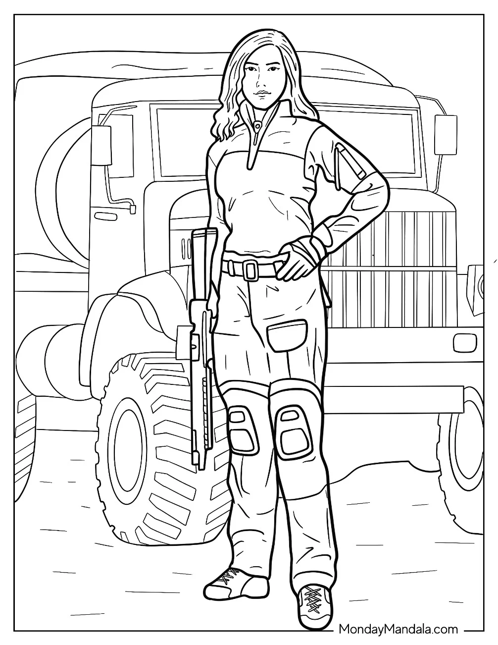 Female Soldier Coloring Page Standing In Front Of Military Truck coloring page