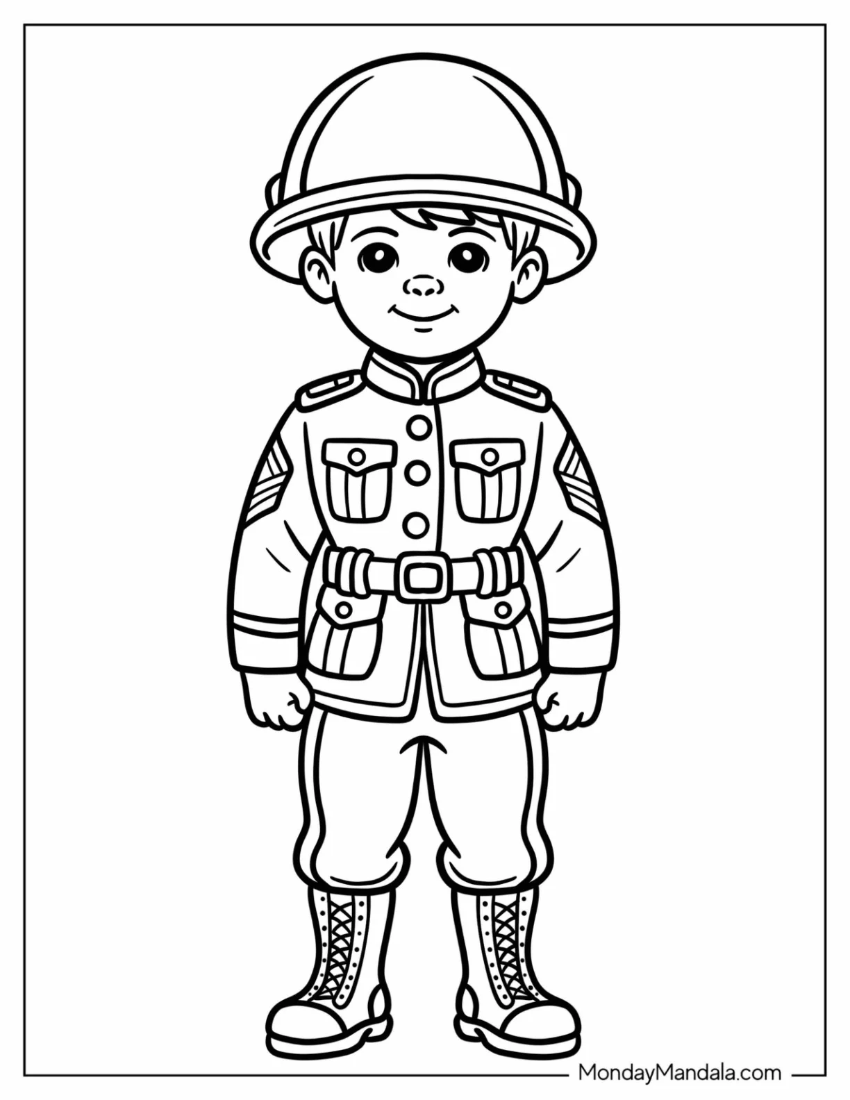 Military Soldier Coloring Page in Full Uniform for Kids coloring page