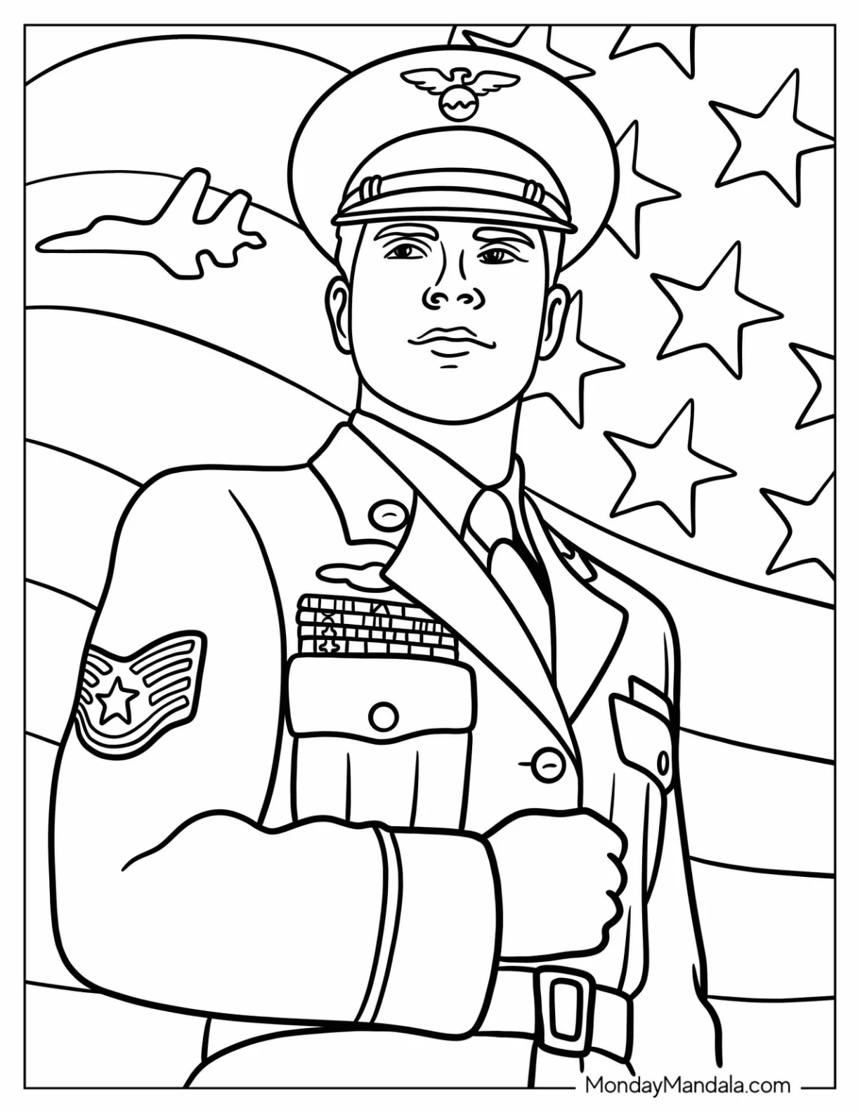 Realistic Military Soldier Coloring Page with the American Flag in the Background coloring page