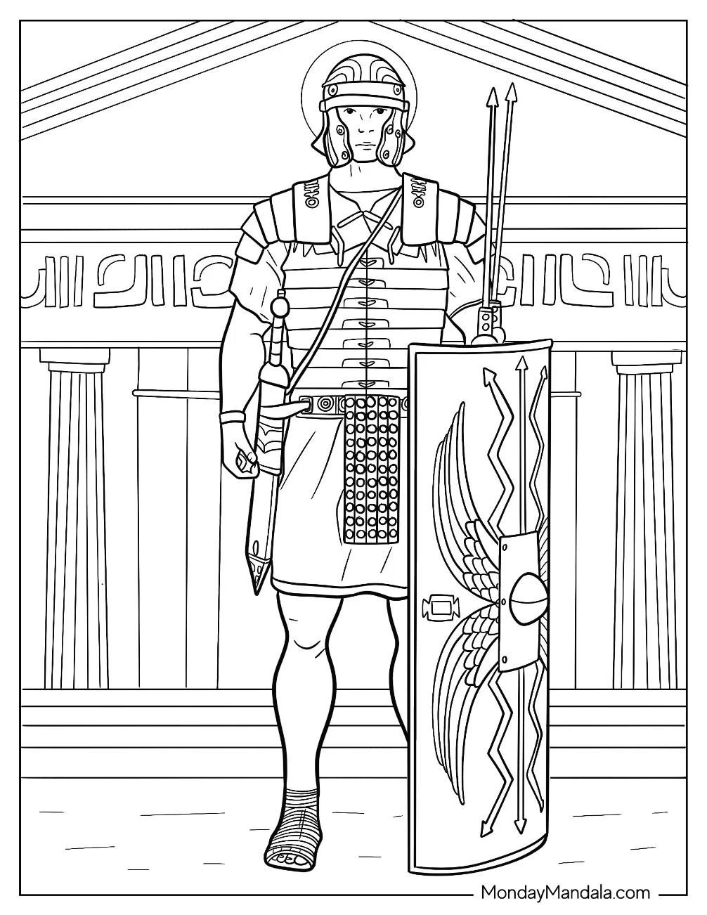 Realistic Roman Soldier Coloring Page With Shield And Spears coloring page