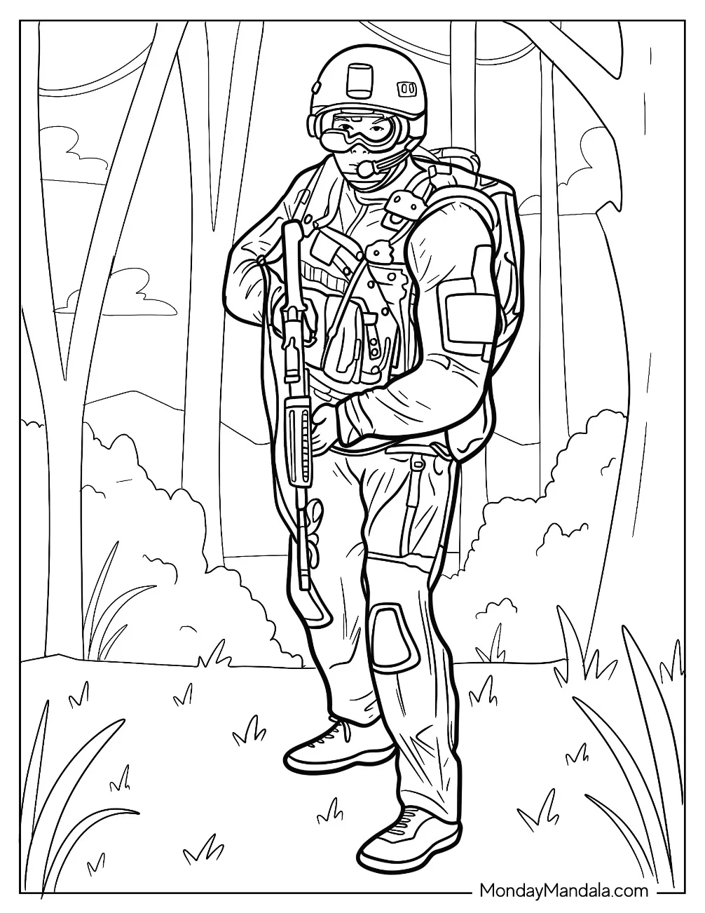 Realistic Special Forces Operative Soldier Coloring Page In The Forest coloring page