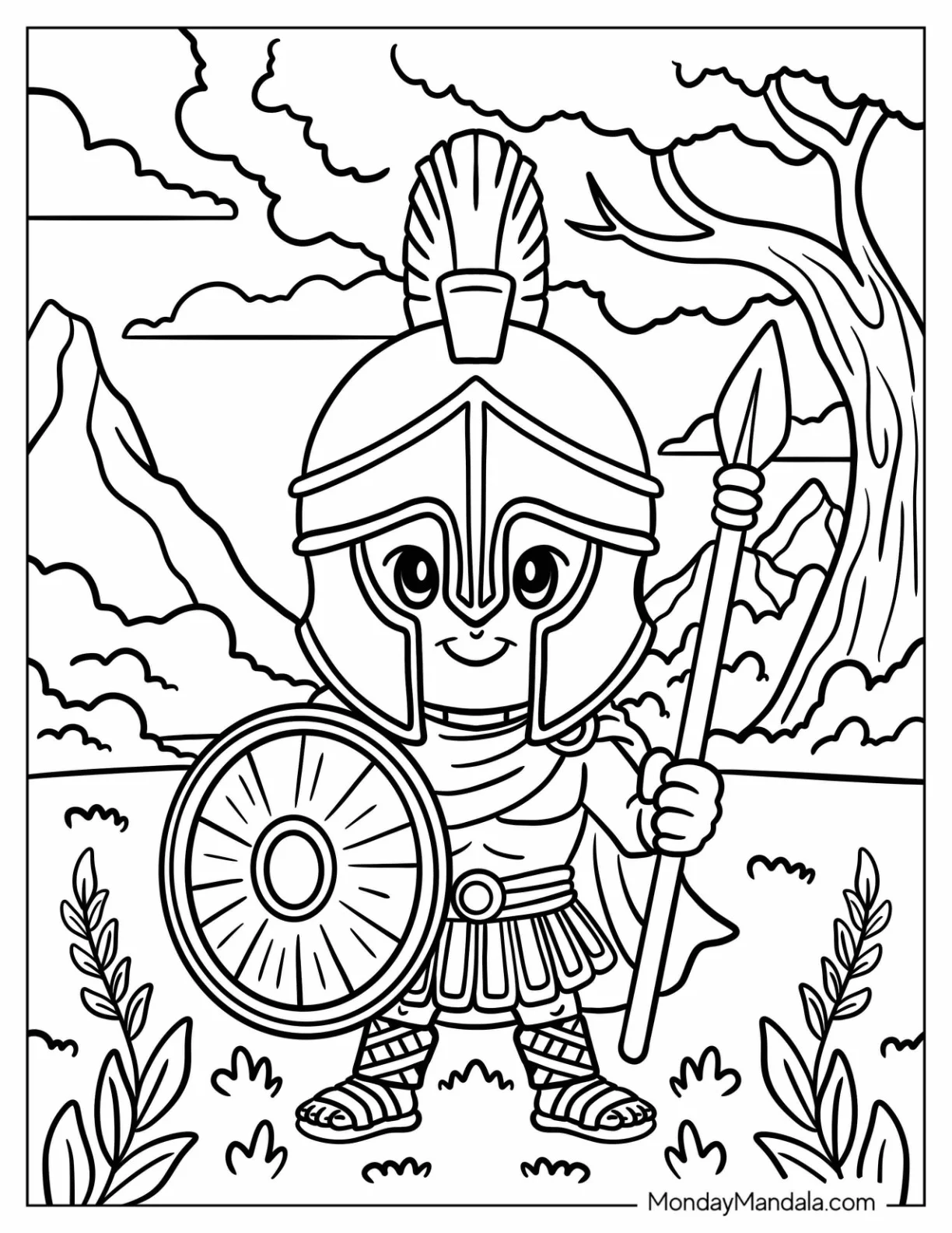 Roman Soldier Coloring Page with Shield and Spear in the Forest coloring page