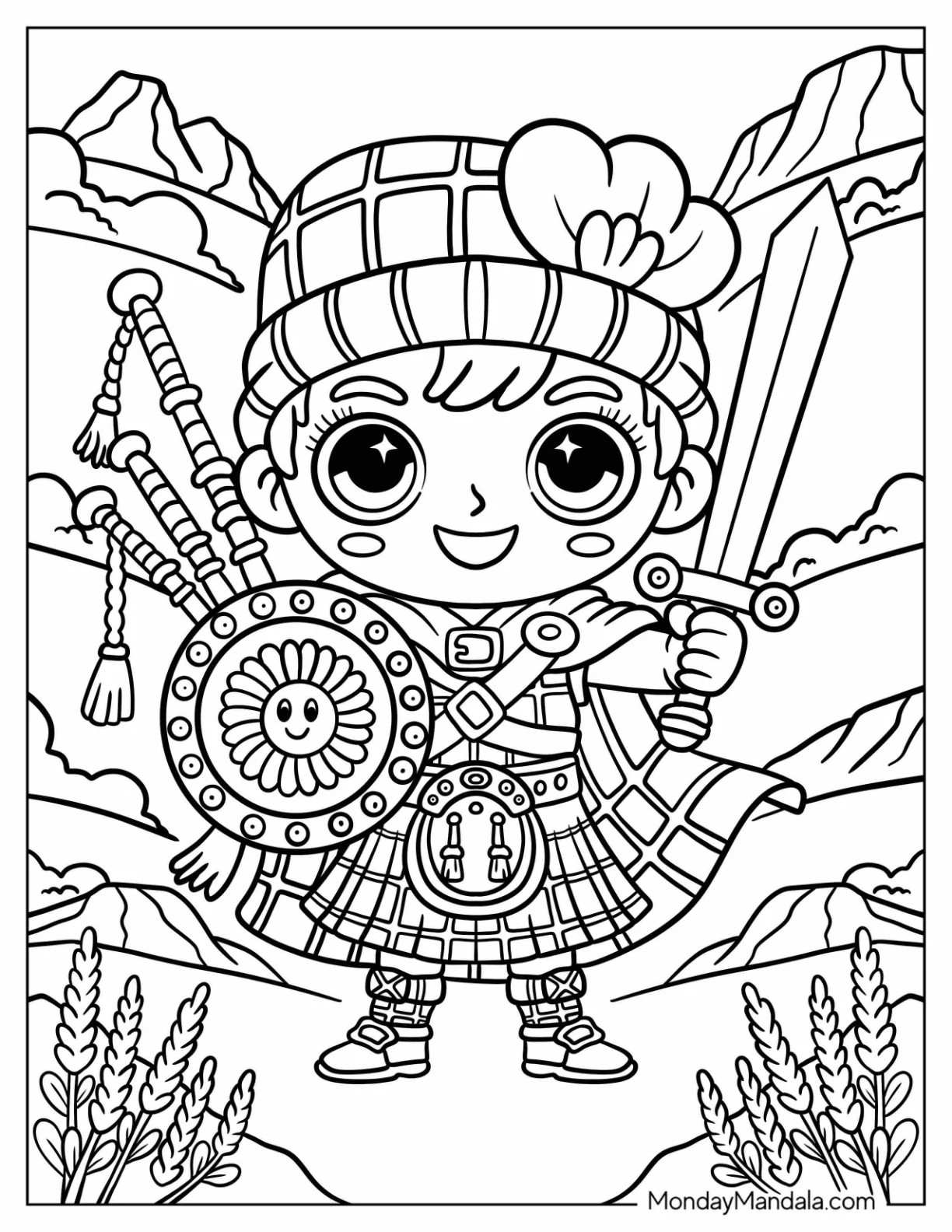 Smiling Scottish Soldier Coloring Page with Shield and Swords for Kids coloring page