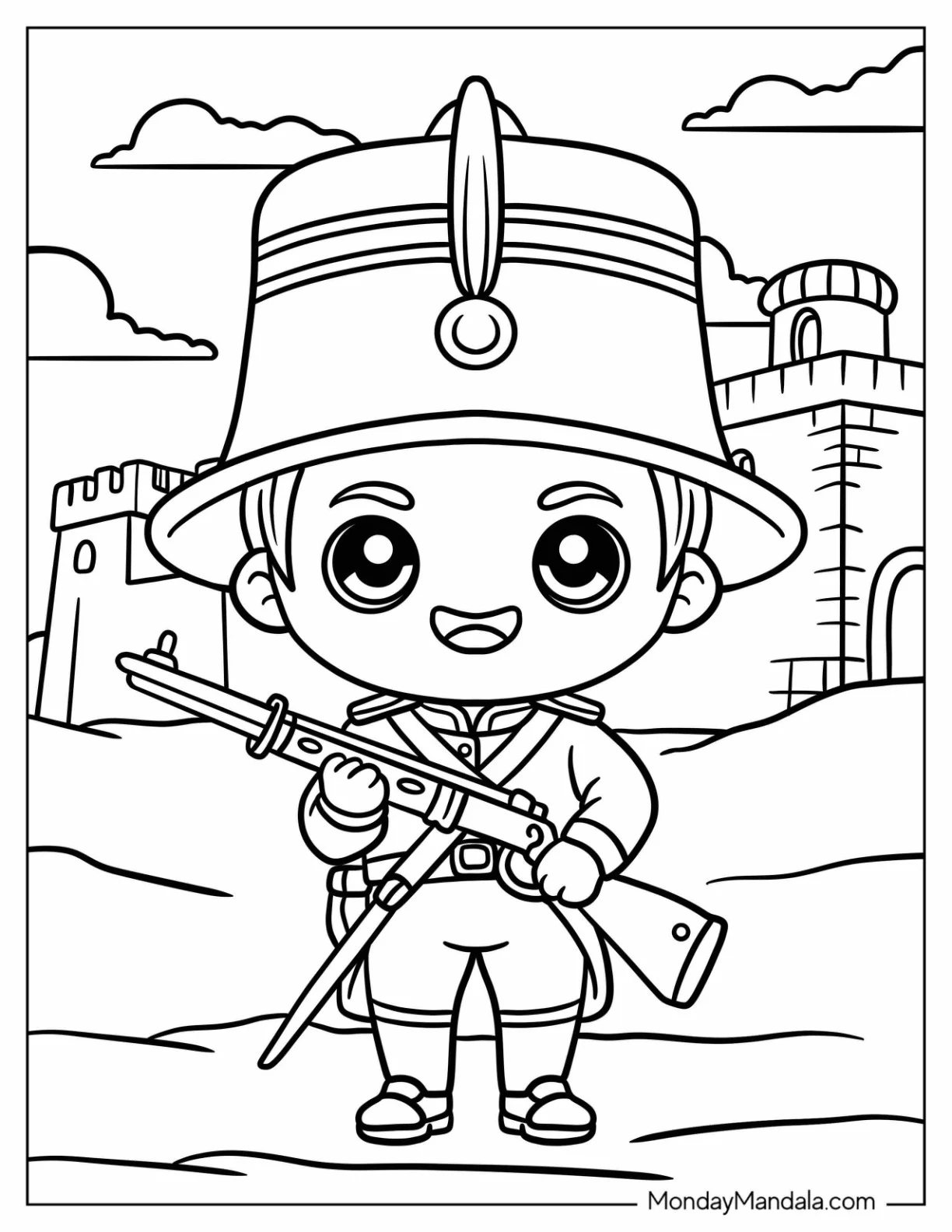 Soldier Coloring Page with Gun Standing in Front of a Castle coloring page
