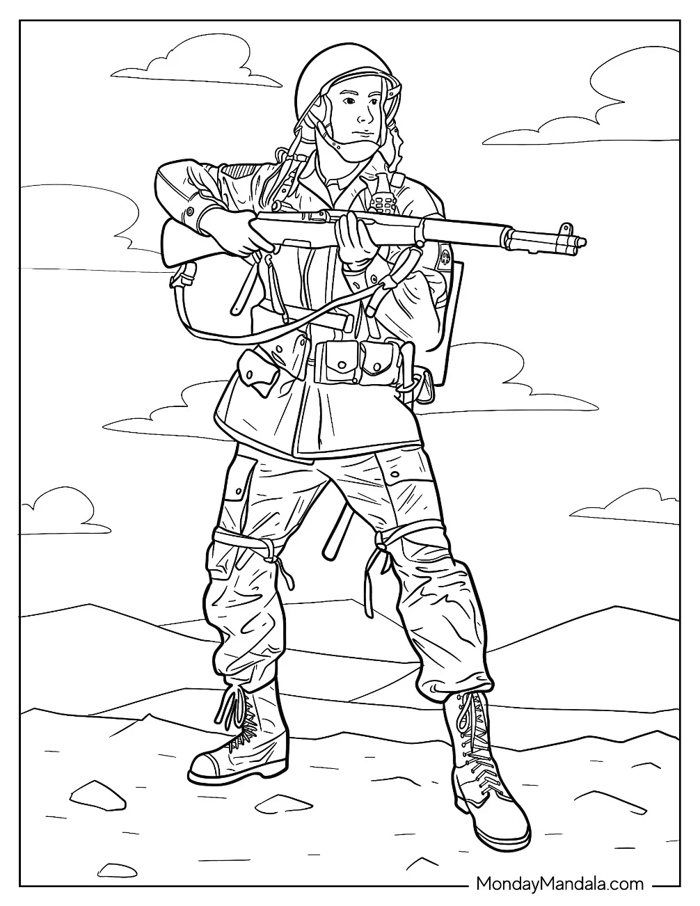 Soldier Coloring Page With Rifle Getting Ready To Shoot coloring page