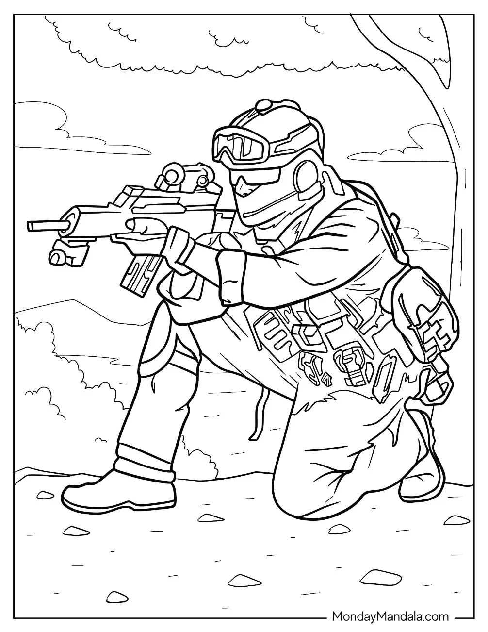Special Ops Soldier Coloring Page Kneeling On The Ground With Gun coloring page