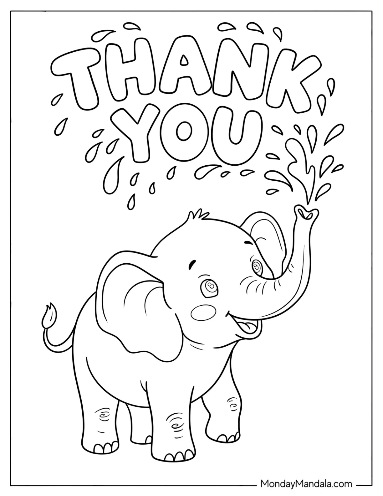 Baby Elephant Spraying Water on Thank You Text Coloring Page for Preschoolers coloring page