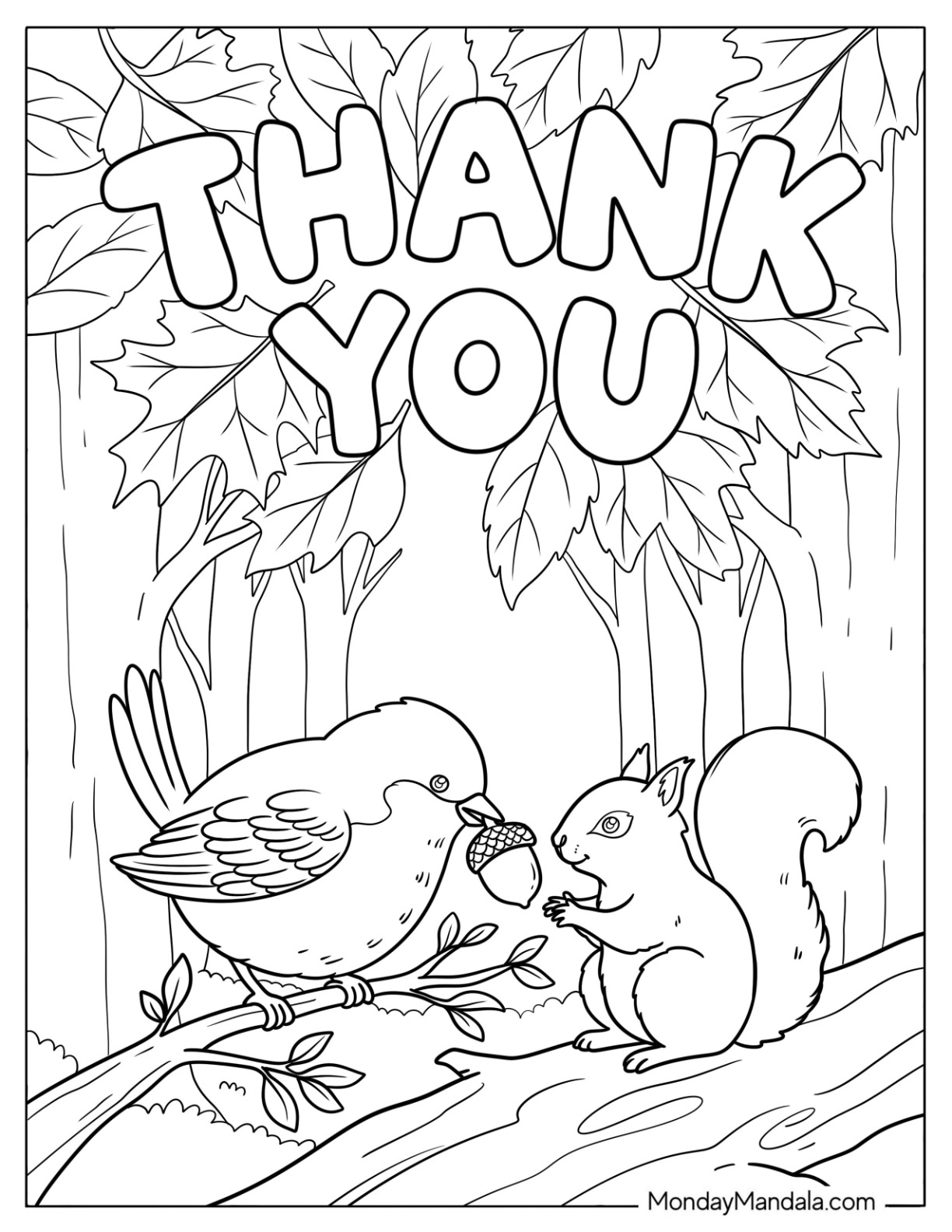 Bird Sharing Acorn with a Squirrel Coloring Sheet coloring page
