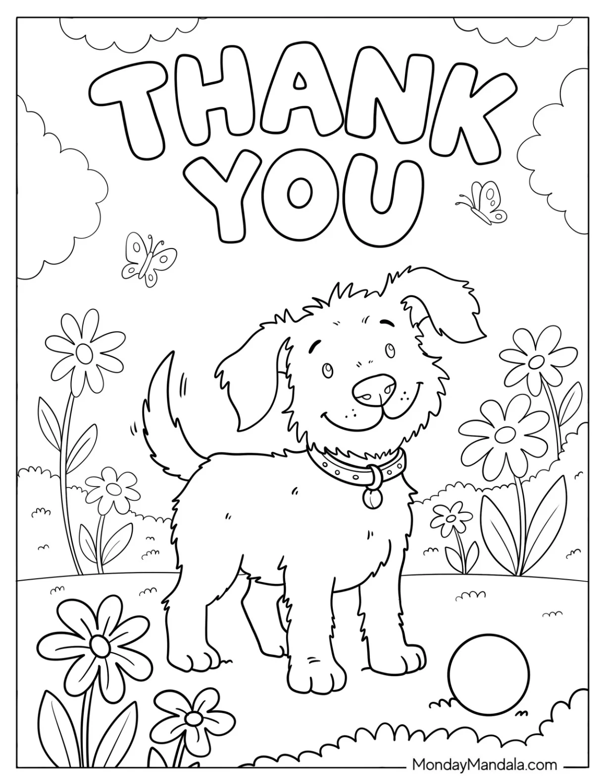 Bold Thank You Text over Friendly Dog in a Park Coloring Page for Kids coloring page — printable line art