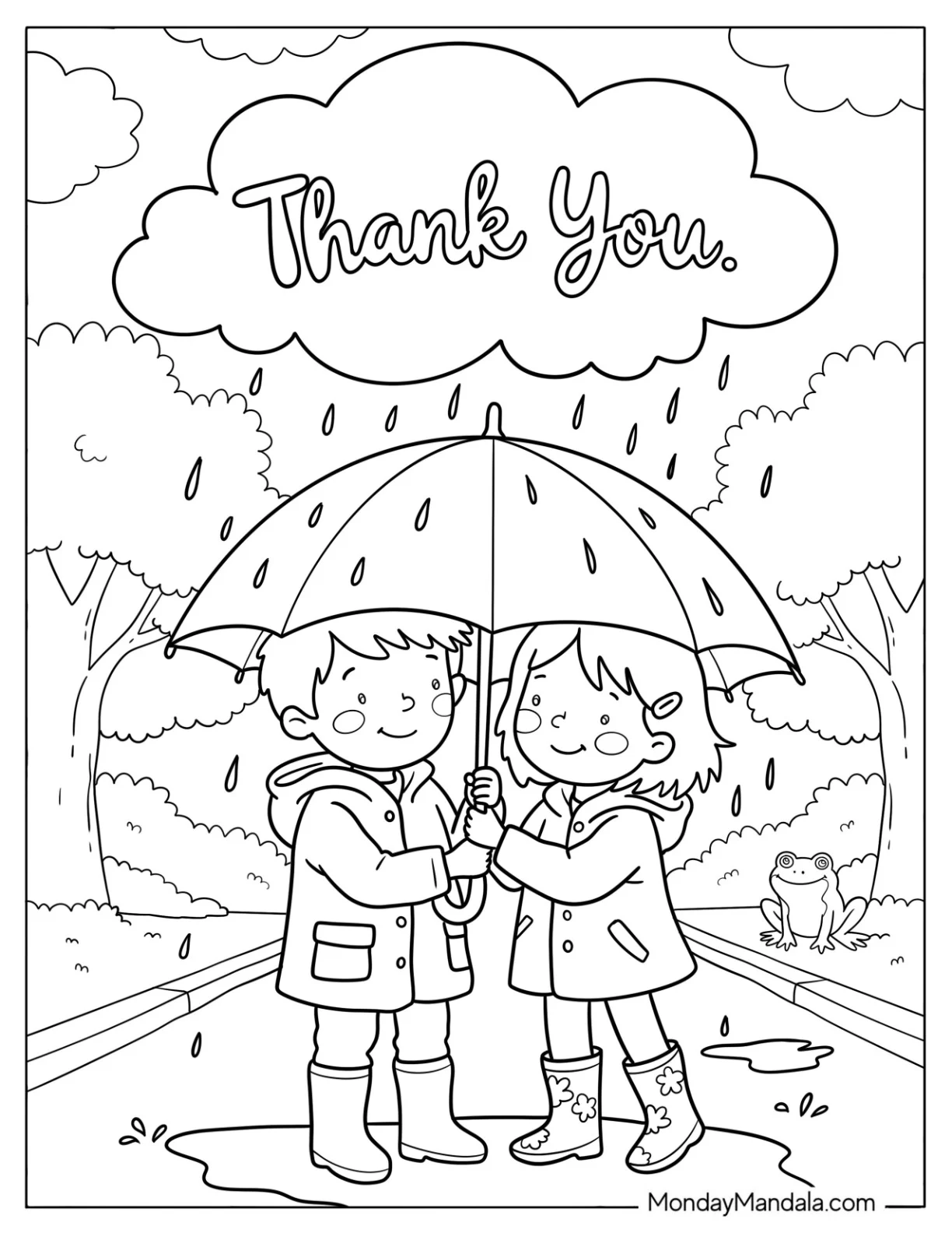Boy Holding Umbrella for Girl Under Thank You Cloud Coloring Sheet for Kids coloring page — printable line art