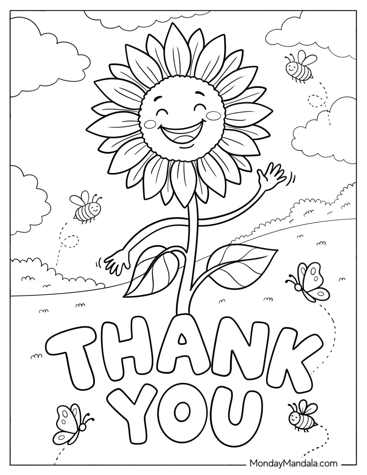 Cartoon Sunflower Waving Thank You Coloring Sheet for Kids coloring page — printable line art