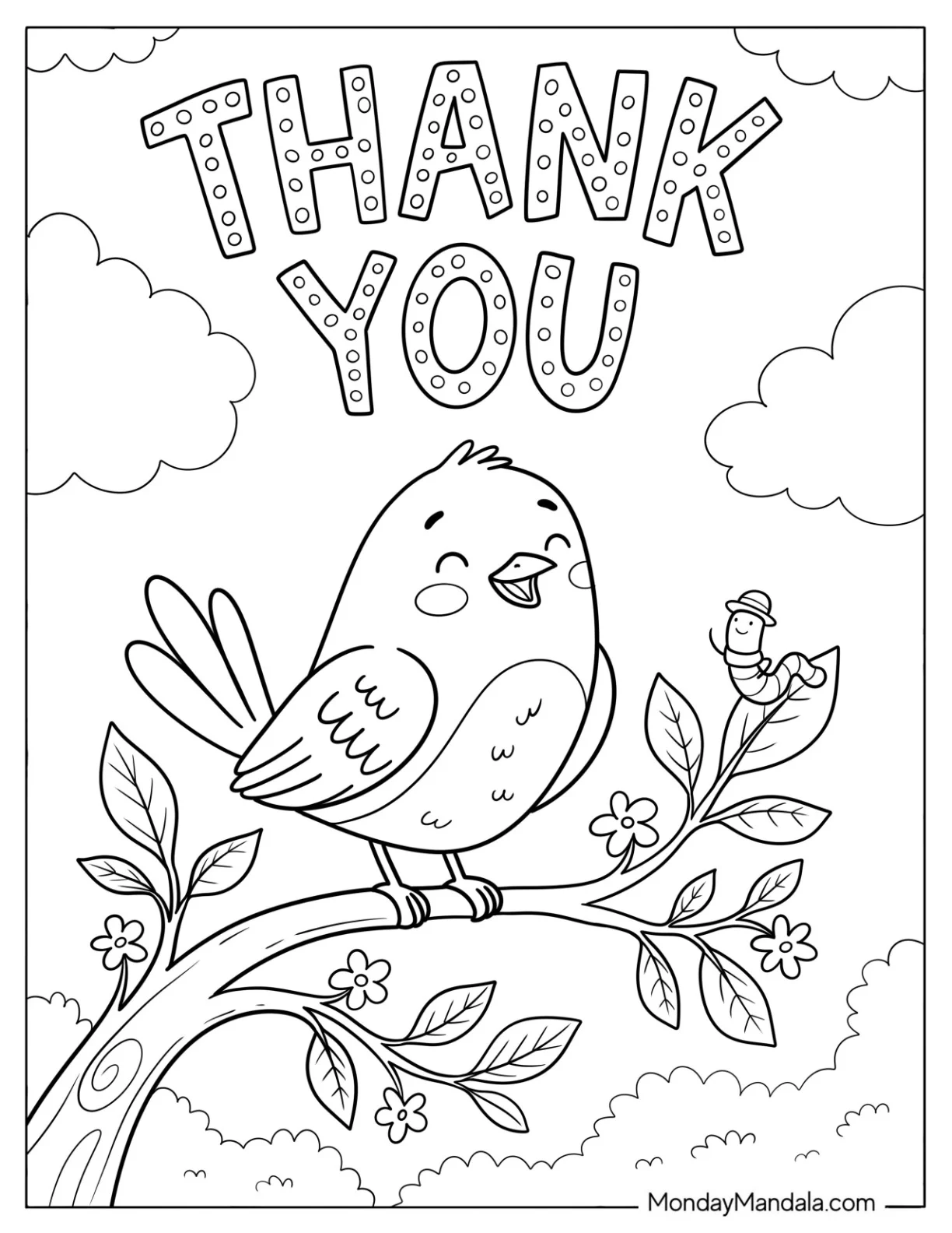Cute Bird Singing to a Worm Coloring Sheet coloring page — printable line art