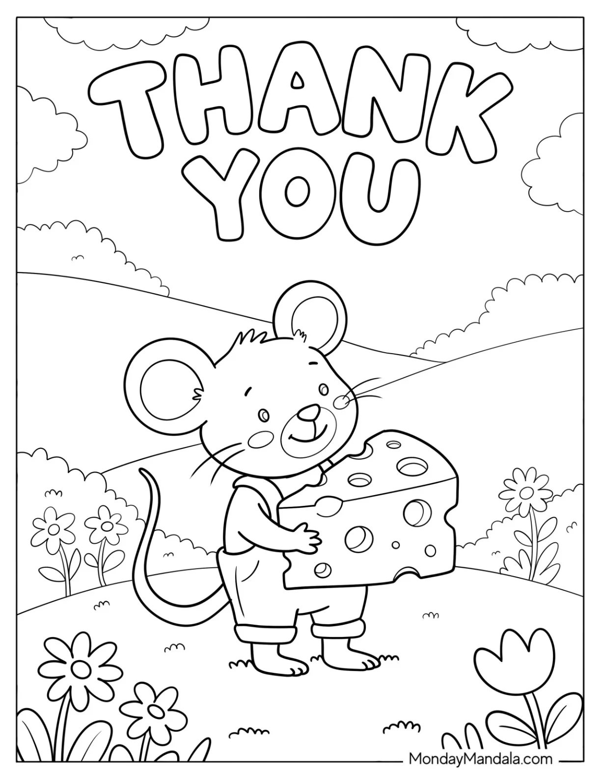 Easy Thank You Over Mouse Holding Cheese Coloring Sheet for Kids coloring page