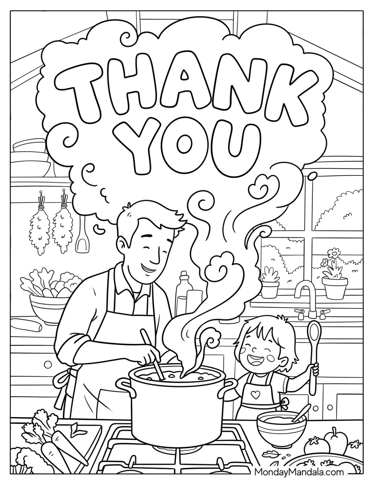 Father and Daughter Cooking with Thank You in the Smoke coloring page