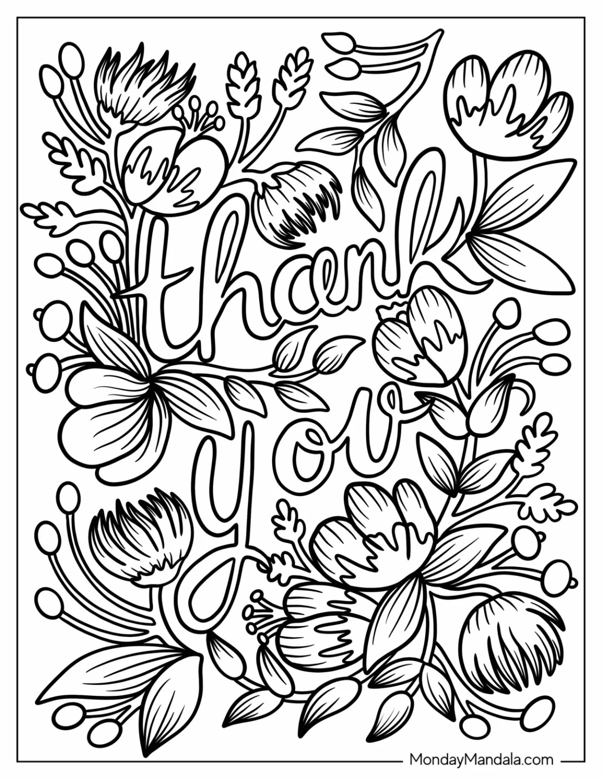 Floral Thank You Coloring Page Script coloring page