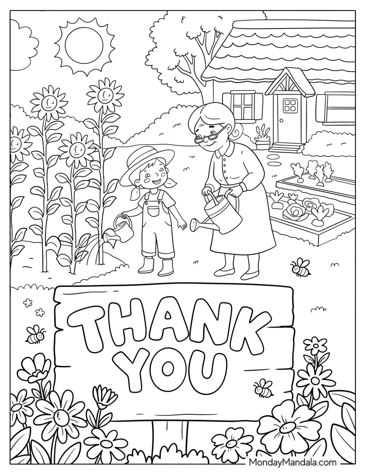 Grandmother Helping Girl with Thank You Sign Coloring Page coloring page — printable line art