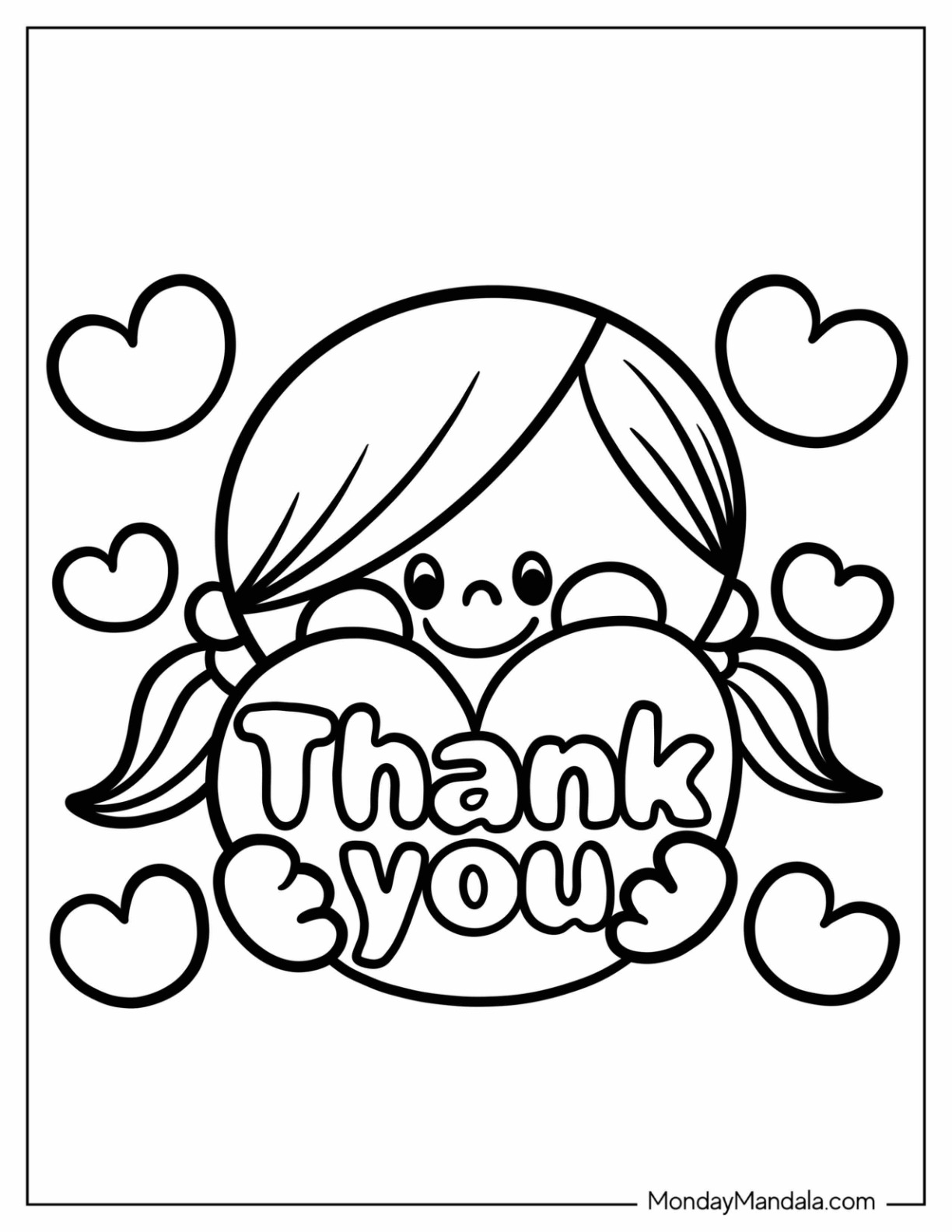 Kawaii Girl Holding Heart With Thank You Coloring Page For Preschoolers coloring page — printable line art