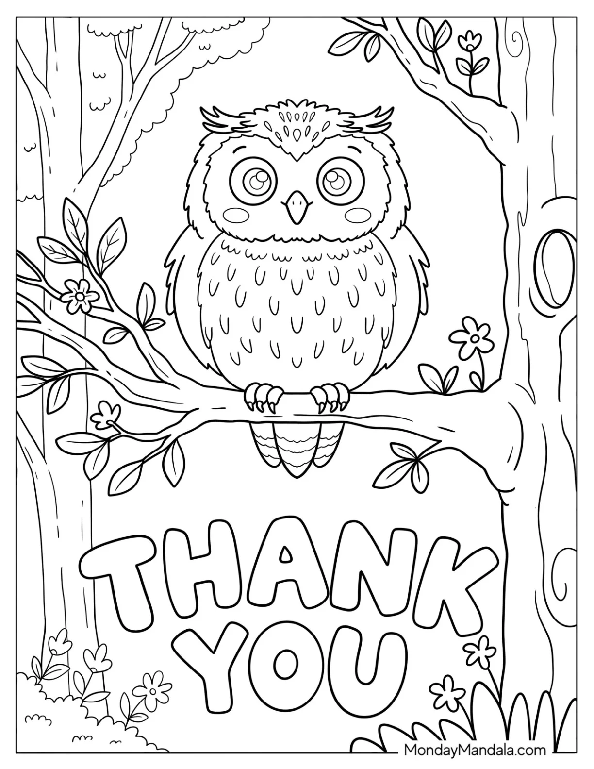 Kawaii Little Owl with Thank You Text Coloring Page coloring page