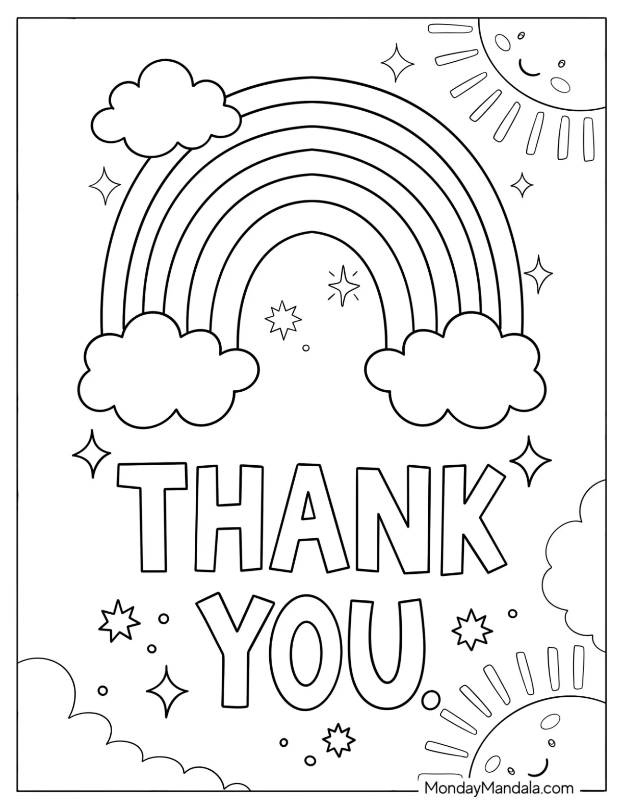Kawaii Rainbow and Thank You Text coloring page
